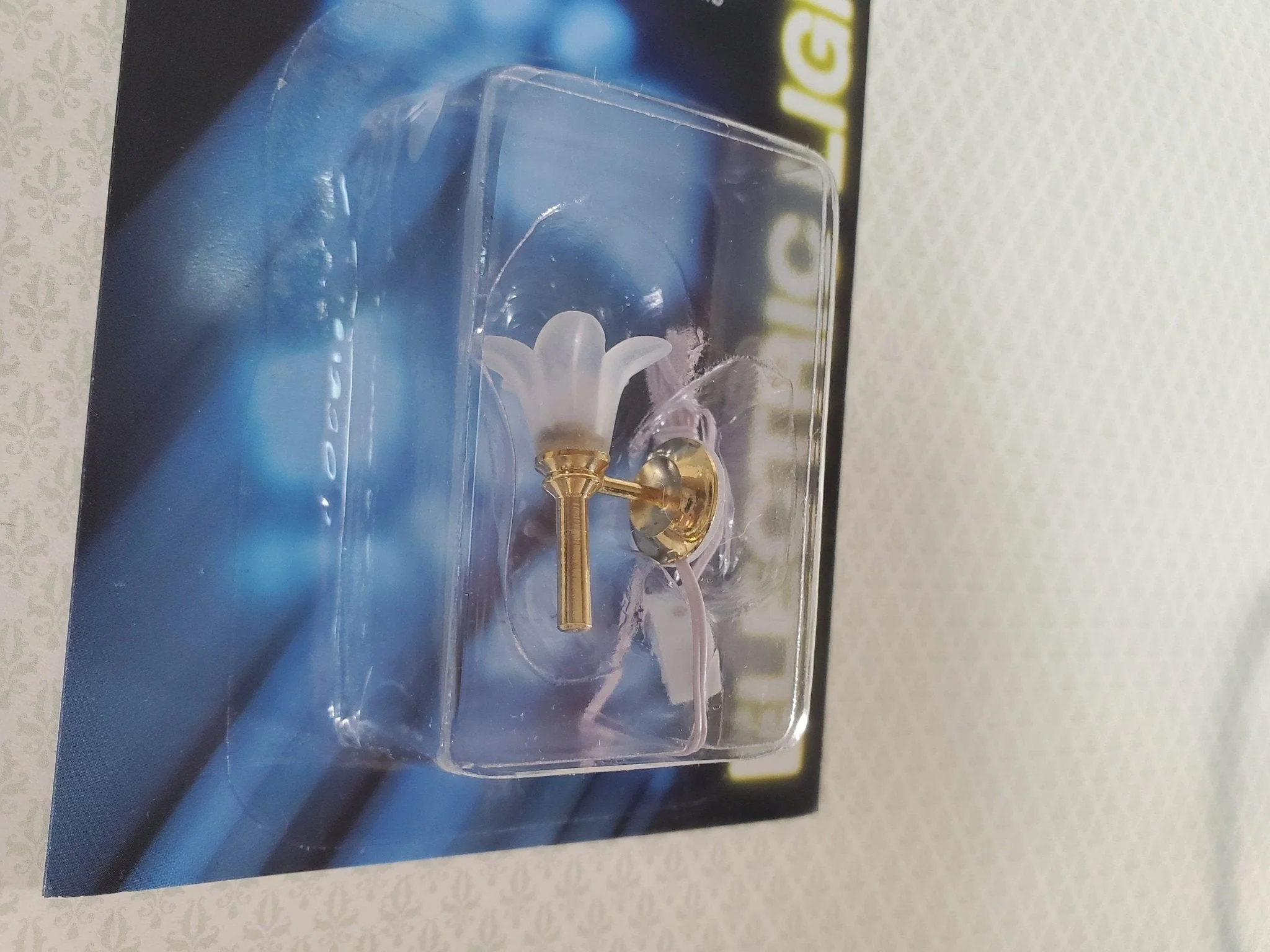 Dollhouse Sconce Frosted Flower Shade Gold 12 Volt 1:12 Scale Miniature Wall Light - Image 2
