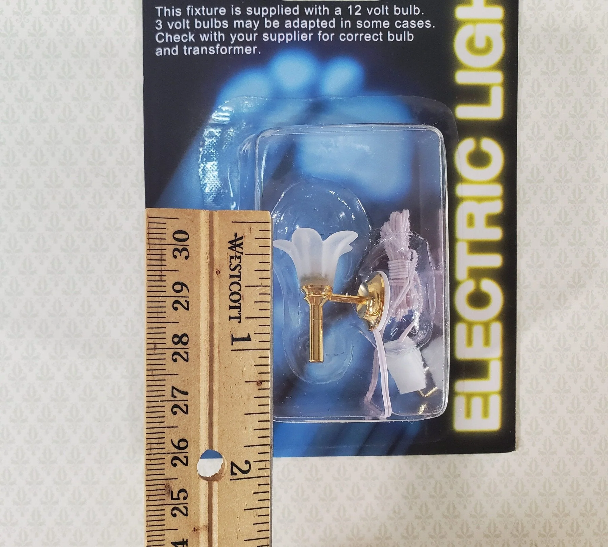 Dollhouse Sconce Frosted Flower Shade Gold 12 Volt 1:12 Scale Miniature Wall Light - Image 3
