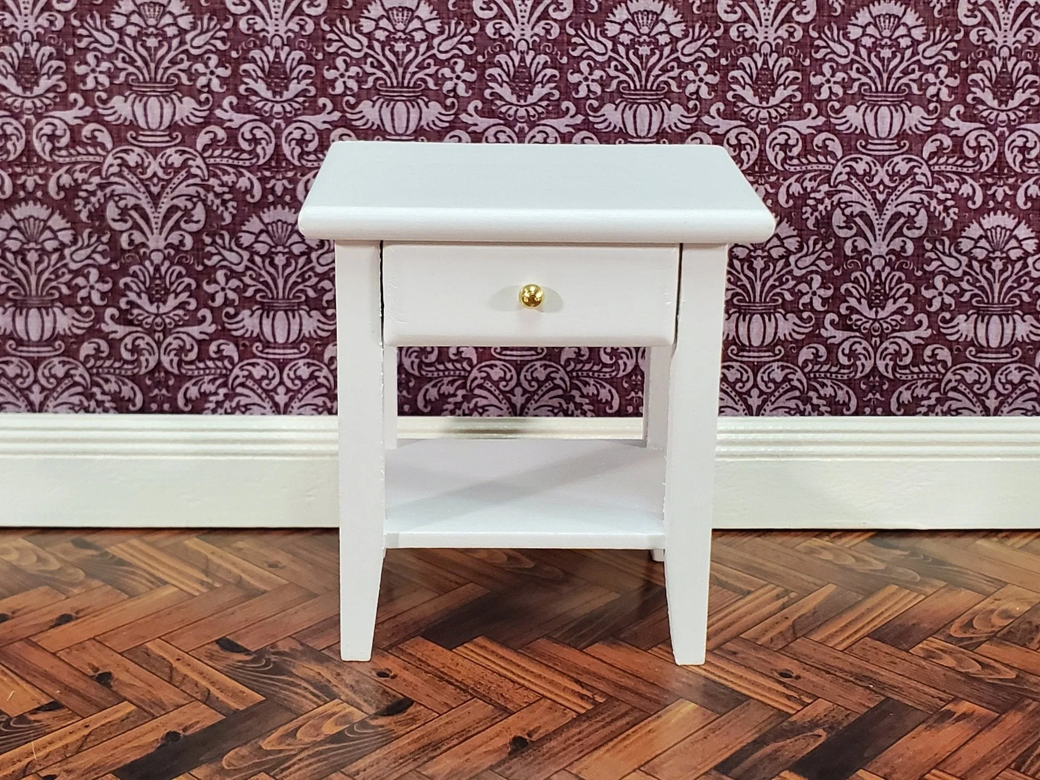Dollhouse Side Table Night Stand with Drawer 1:12 Scale Miniature Furniture White Finish - Image 2