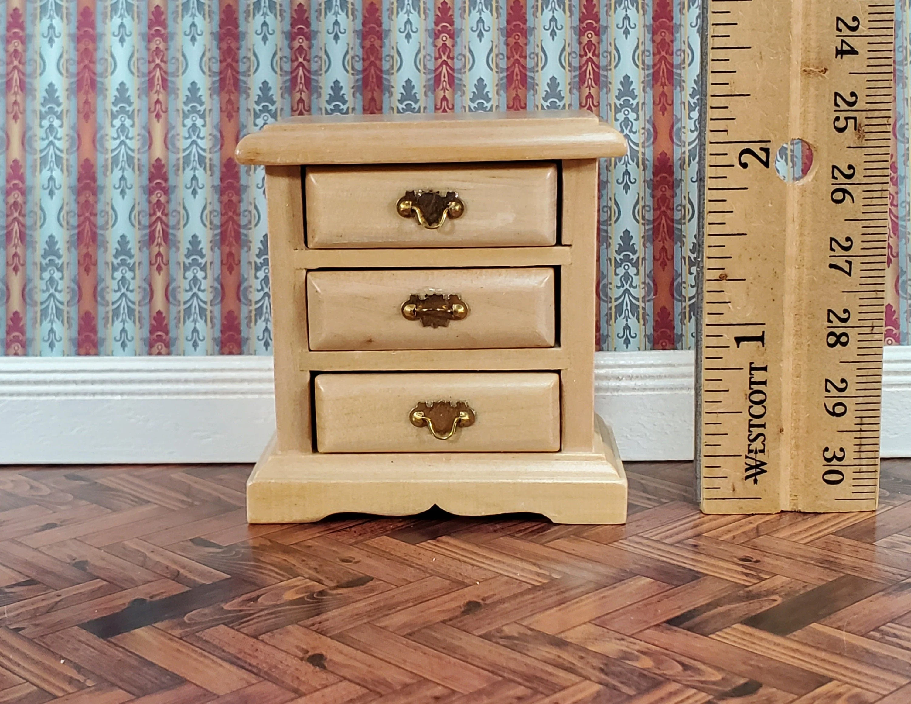 Dollhouse Side Table or Nightstand with 3 Drawers Light Oak 1:12 Scale Miniature Furniture - Image 3