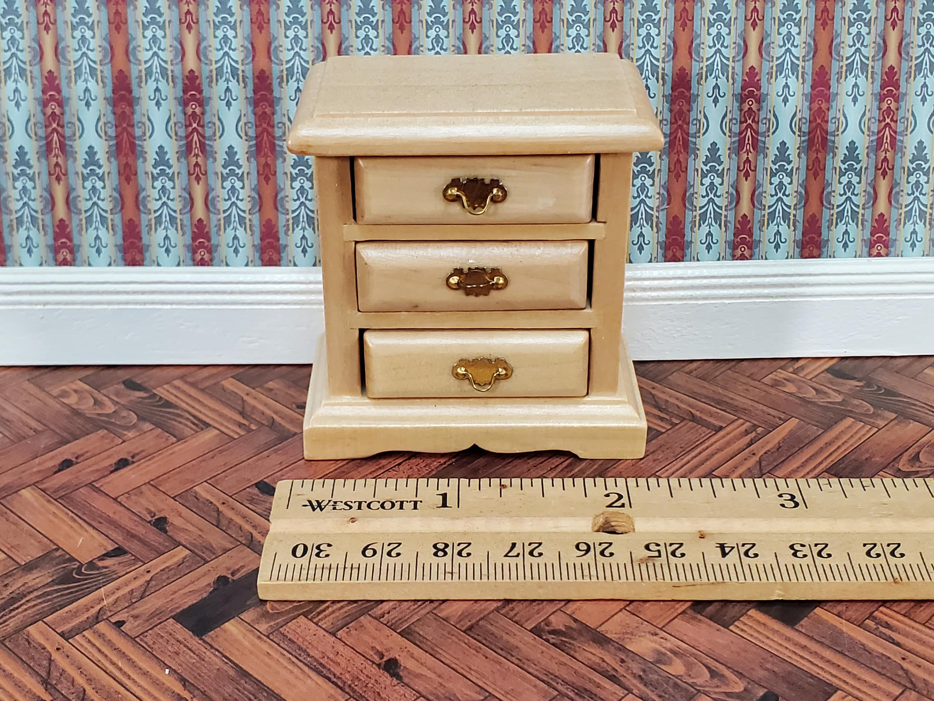 Dollhouse Side Table or Nightstand with 3 Drawers Light Oak 1:12 Scale Miniature Furniture - Image 4