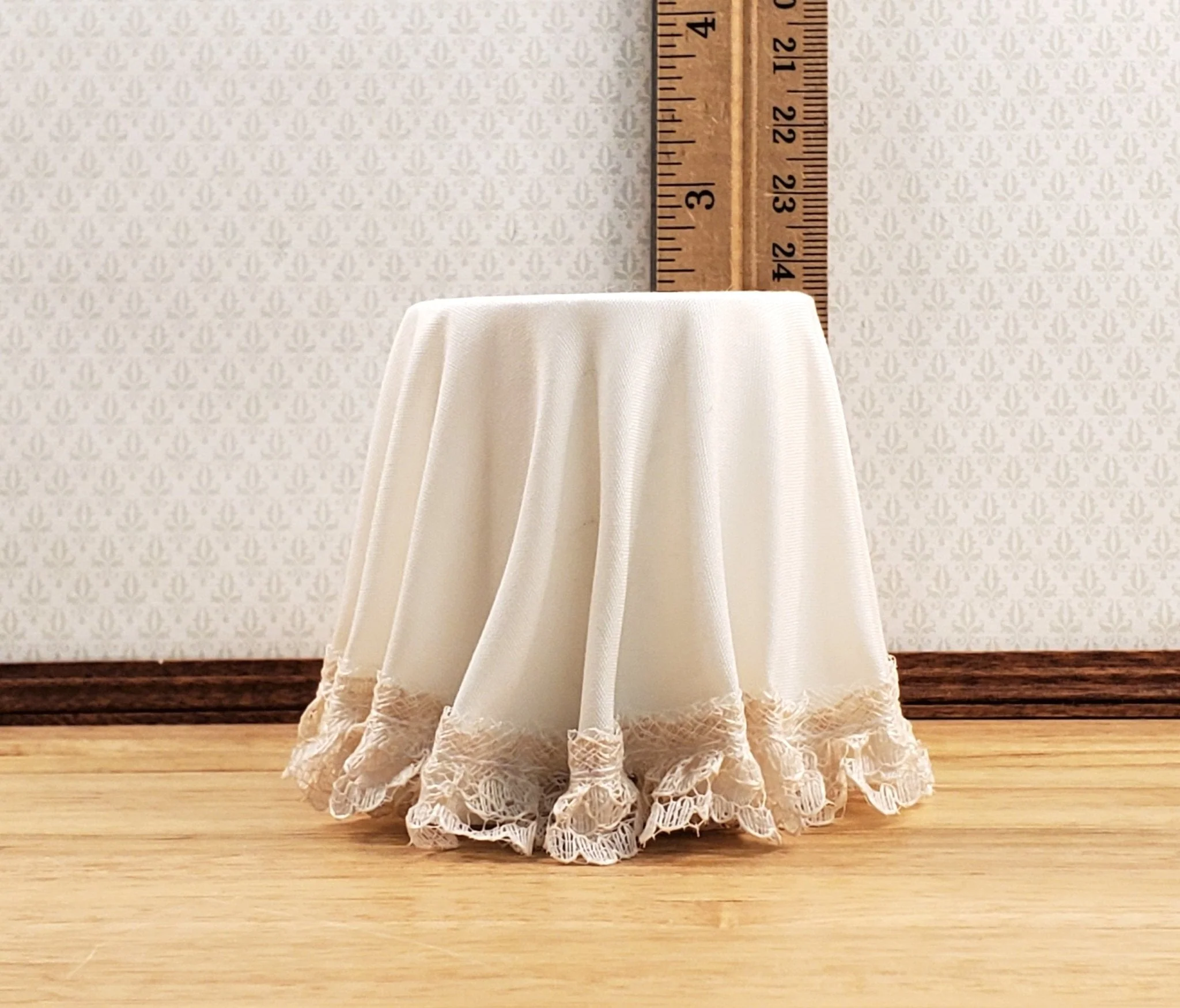 Dollhouse Side Table Round Ivory Skirted with Lace 1:12 Scale Miniature Furniture - Image 5