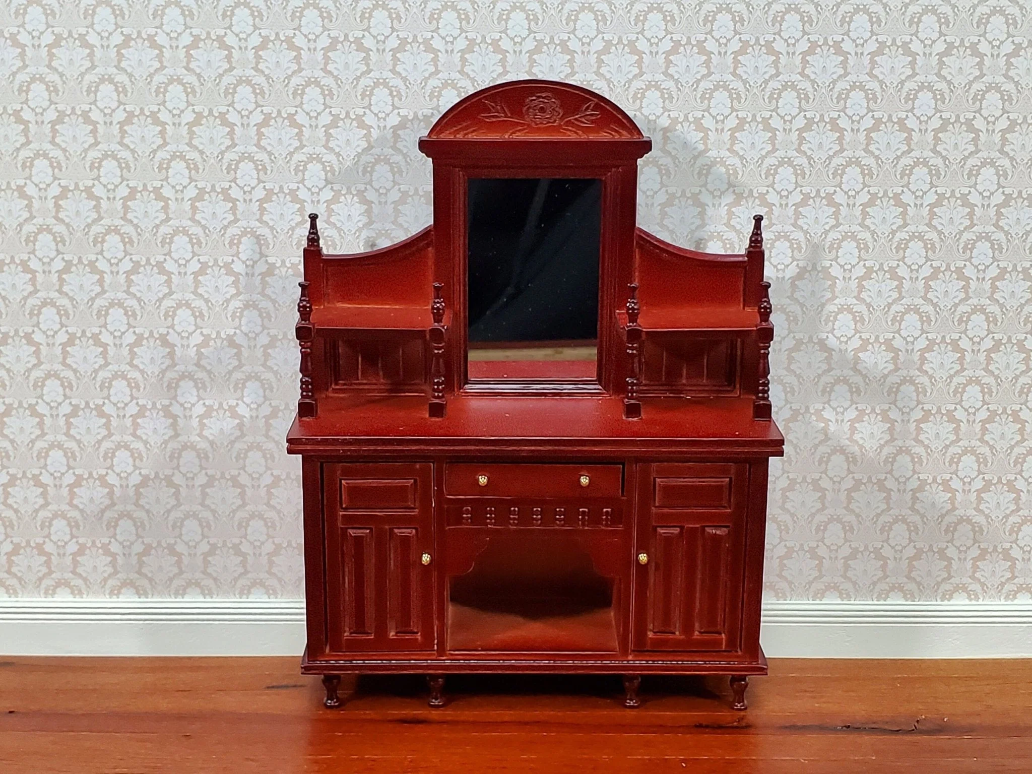 Dollhouse Sideboard with Mirror Ornate Mahogany Finish 1:12 Scale Miniature Furniture