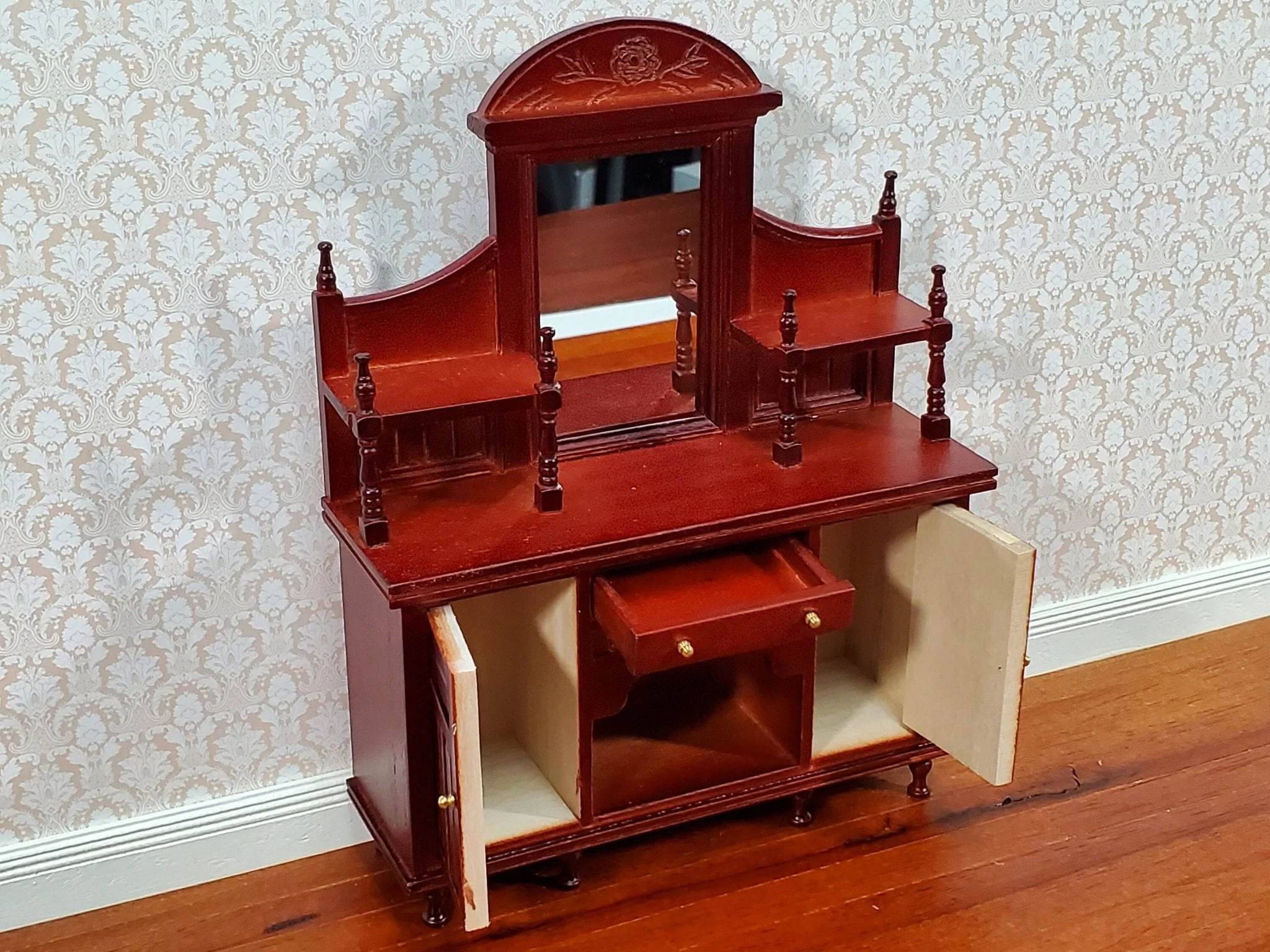 Dollhouse Sideboard with Mirror Ornate Mahogany Finish 1:12 Scale Miniature Furniture - Image 2