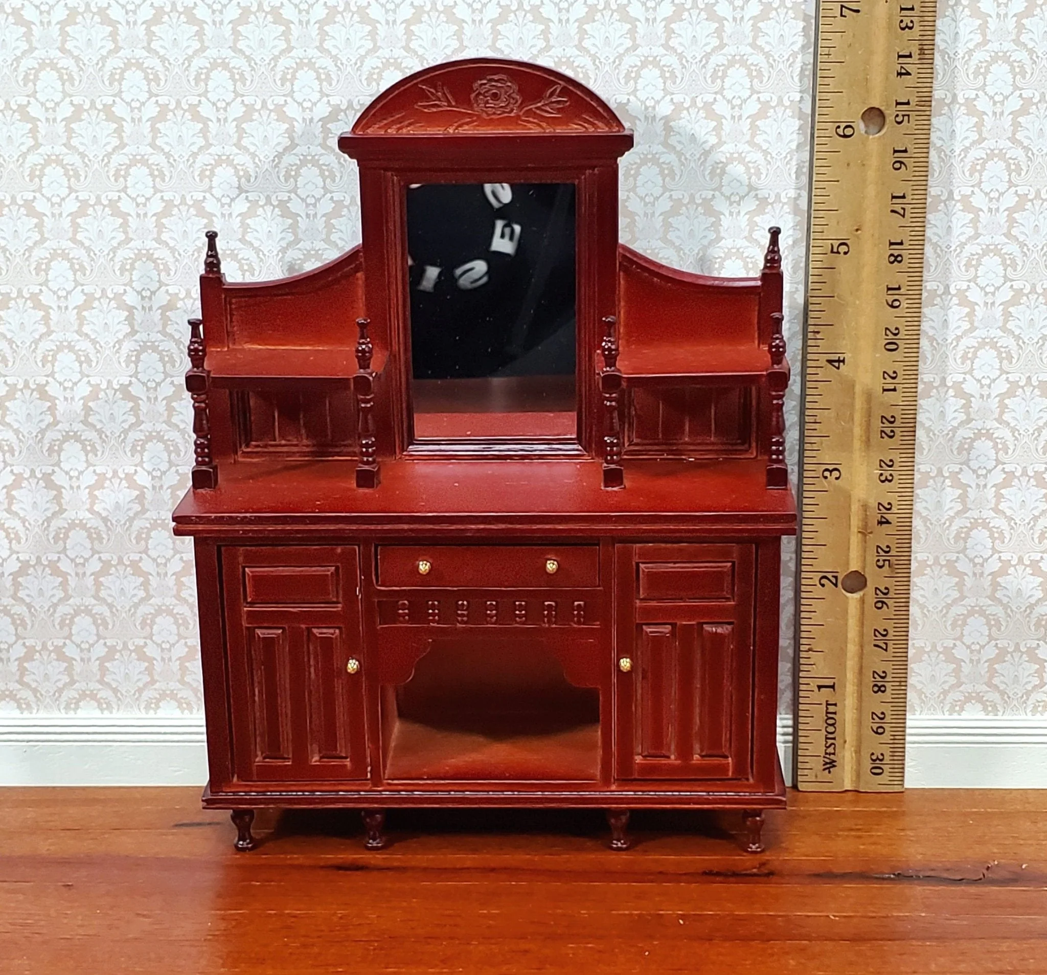 Dollhouse Sideboard with Mirror Ornate Mahogany Finish 1:12 Scale Miniature Furniture - Image 5