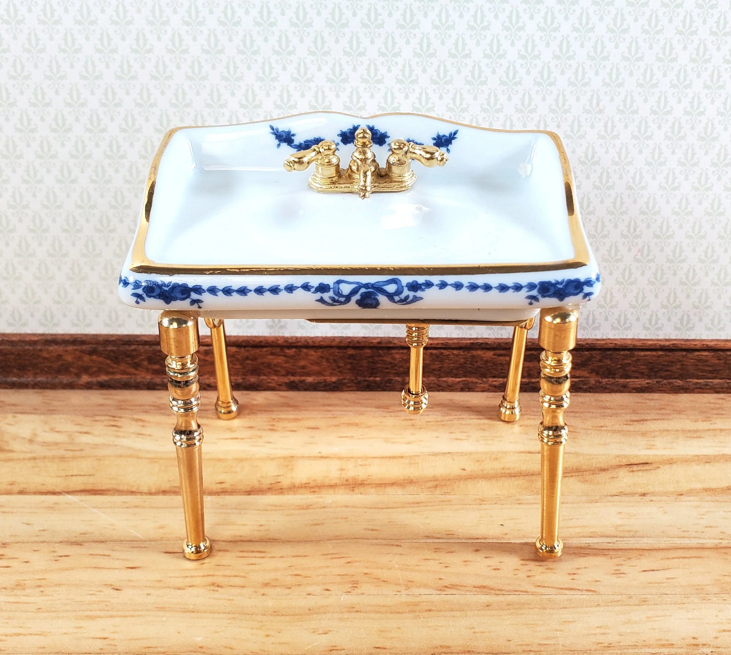 Dollhouse Sink Bathroom Small White and Blue Reutter Porcelain Miniature - Image 3