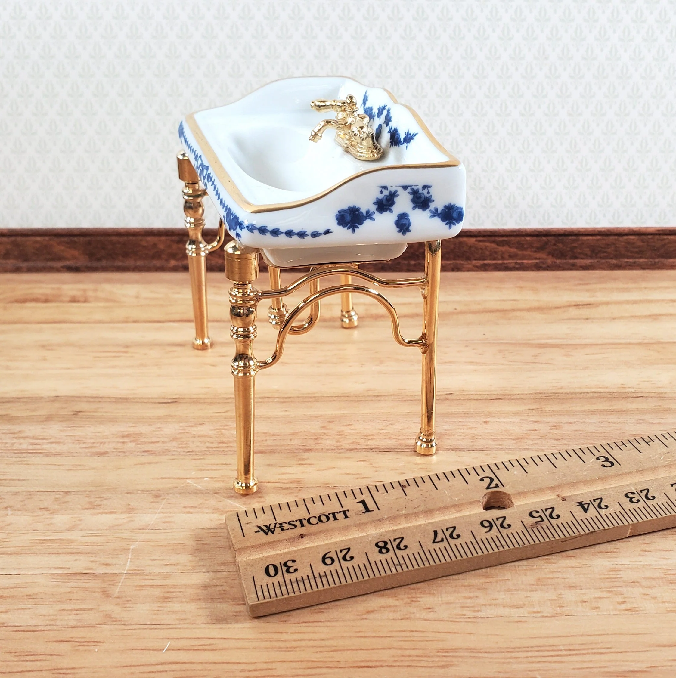 Dollhouse Sink Bathroom Small White and Blue Reutter Porcelain Miniature - Image 5
