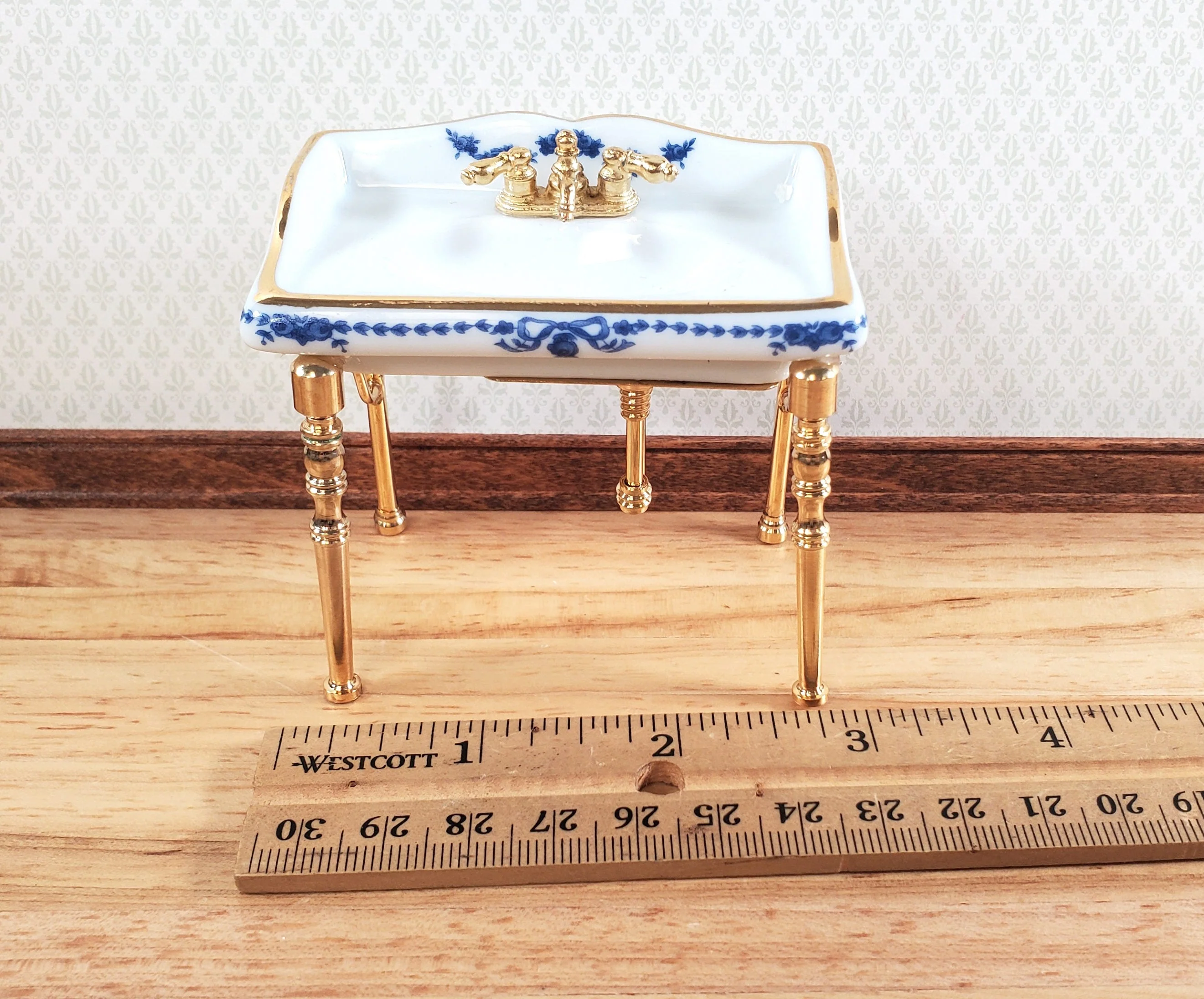 Dollhouse Sink Bathroom Small White and Blue Reutter Porcelain Miniature - Image 6