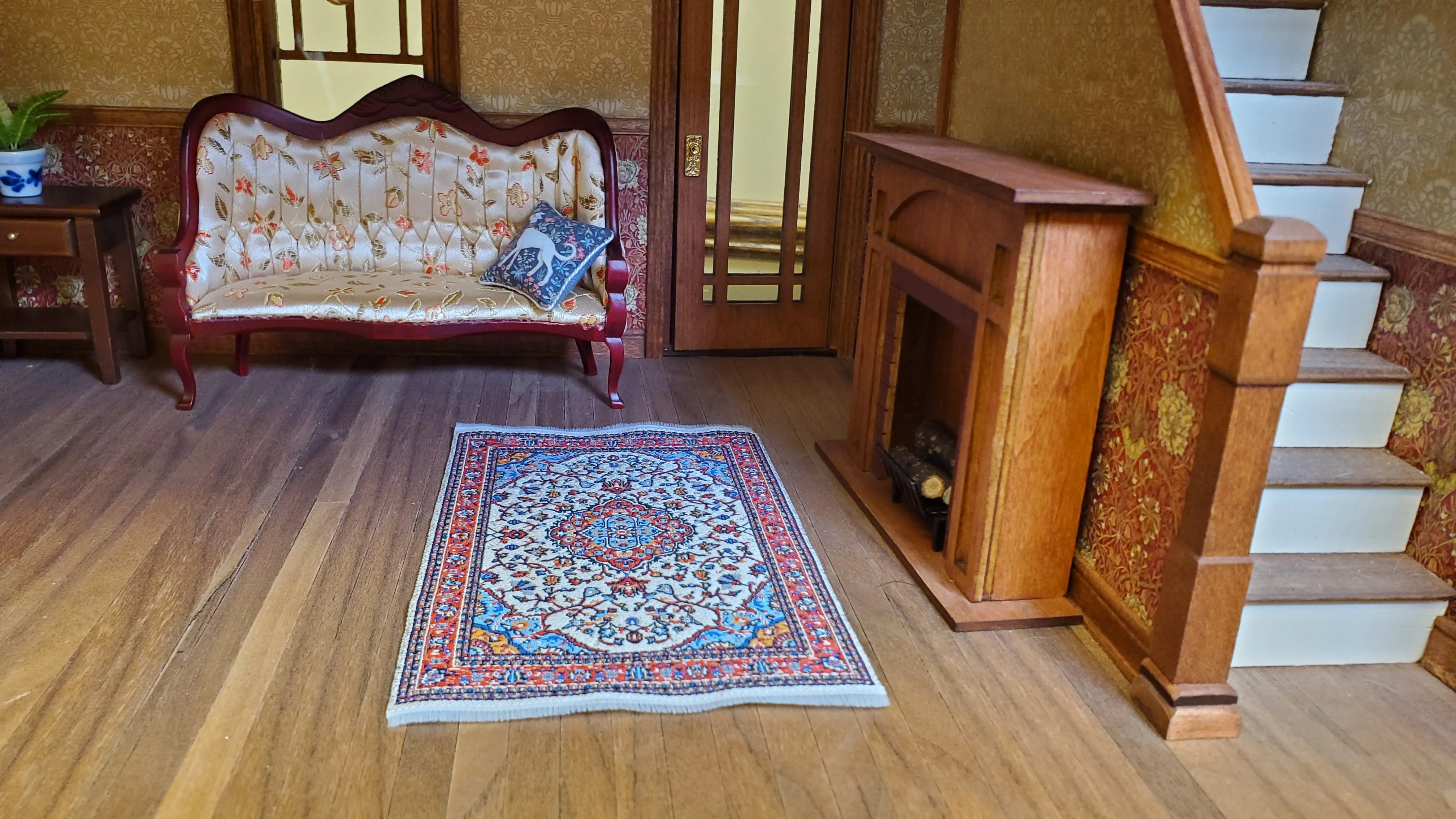 Dollhouse Small Rug Woven Fabric Red Cream Blue 1:12 Scale Victorian Style - Image 2