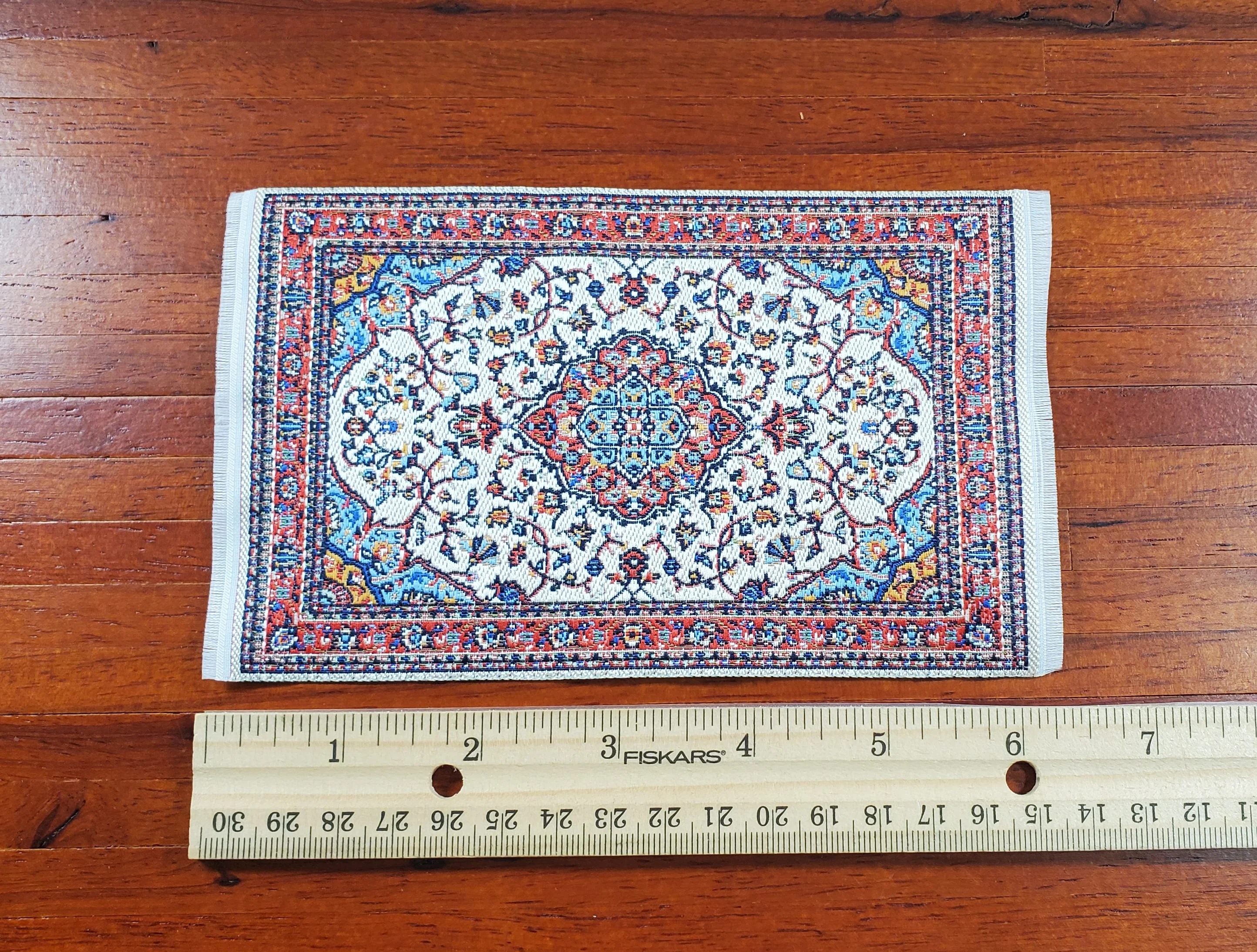 Dollhouse Small Rug Woven Fabric Red Cream Blue 1:12 Scale Victorian Style - Image 4