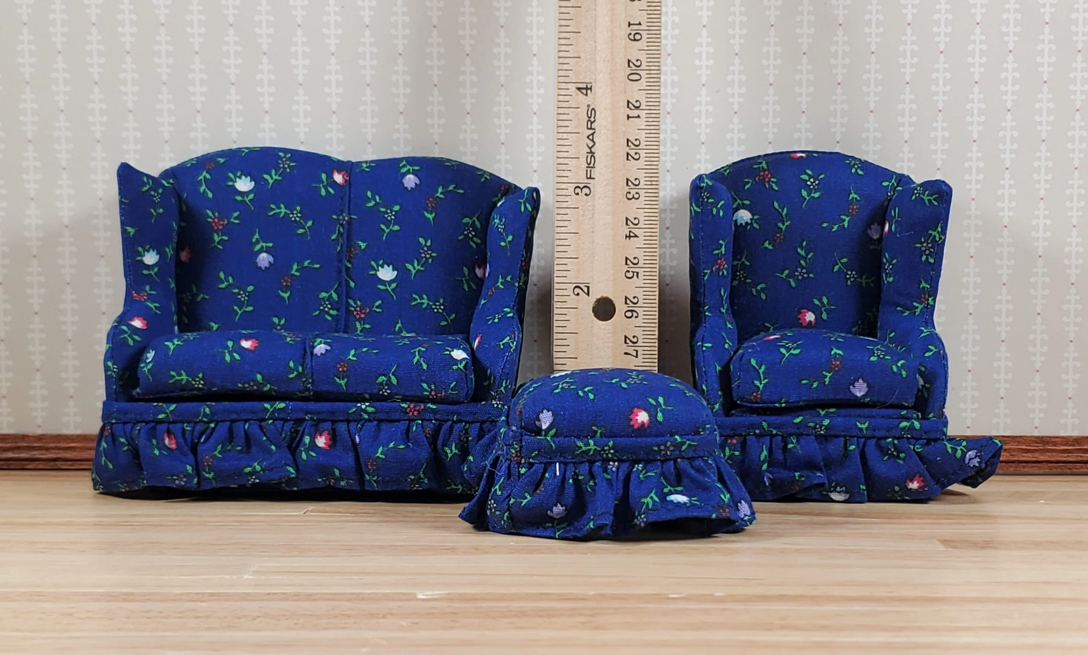 Dollhouse Small Sofa Chair Ottoman Dark Blue Floral 1:12 Scale Miniature Furniture - Image 3