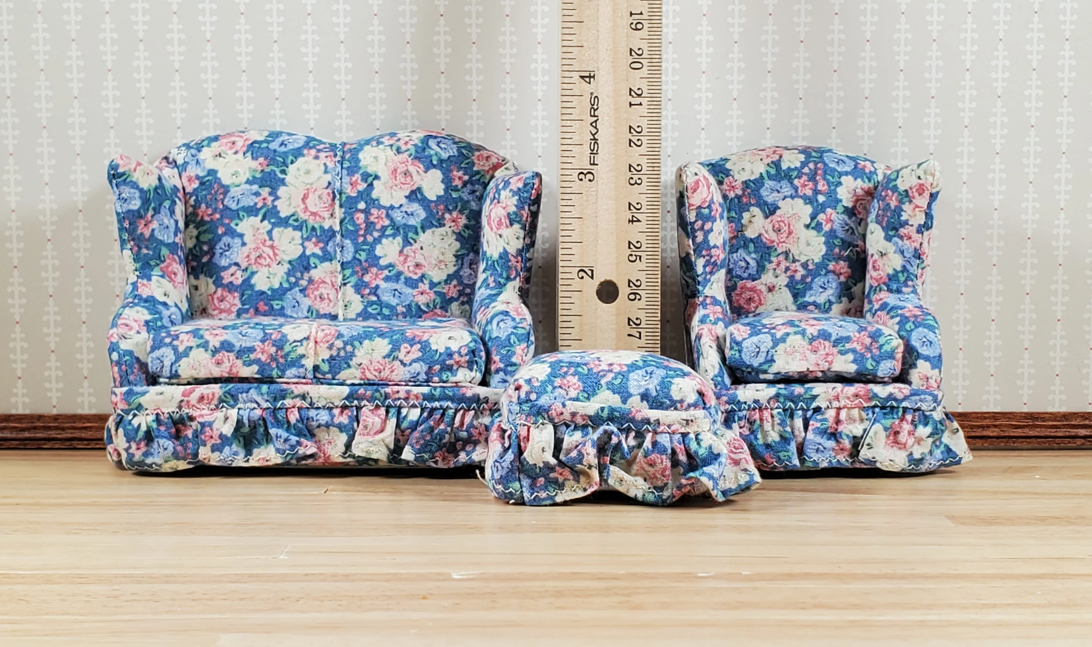 Dollhouse Small Sofa Chair Ottoman Pastel Floral 1:12 Scale Miniature Furniture - Image 3