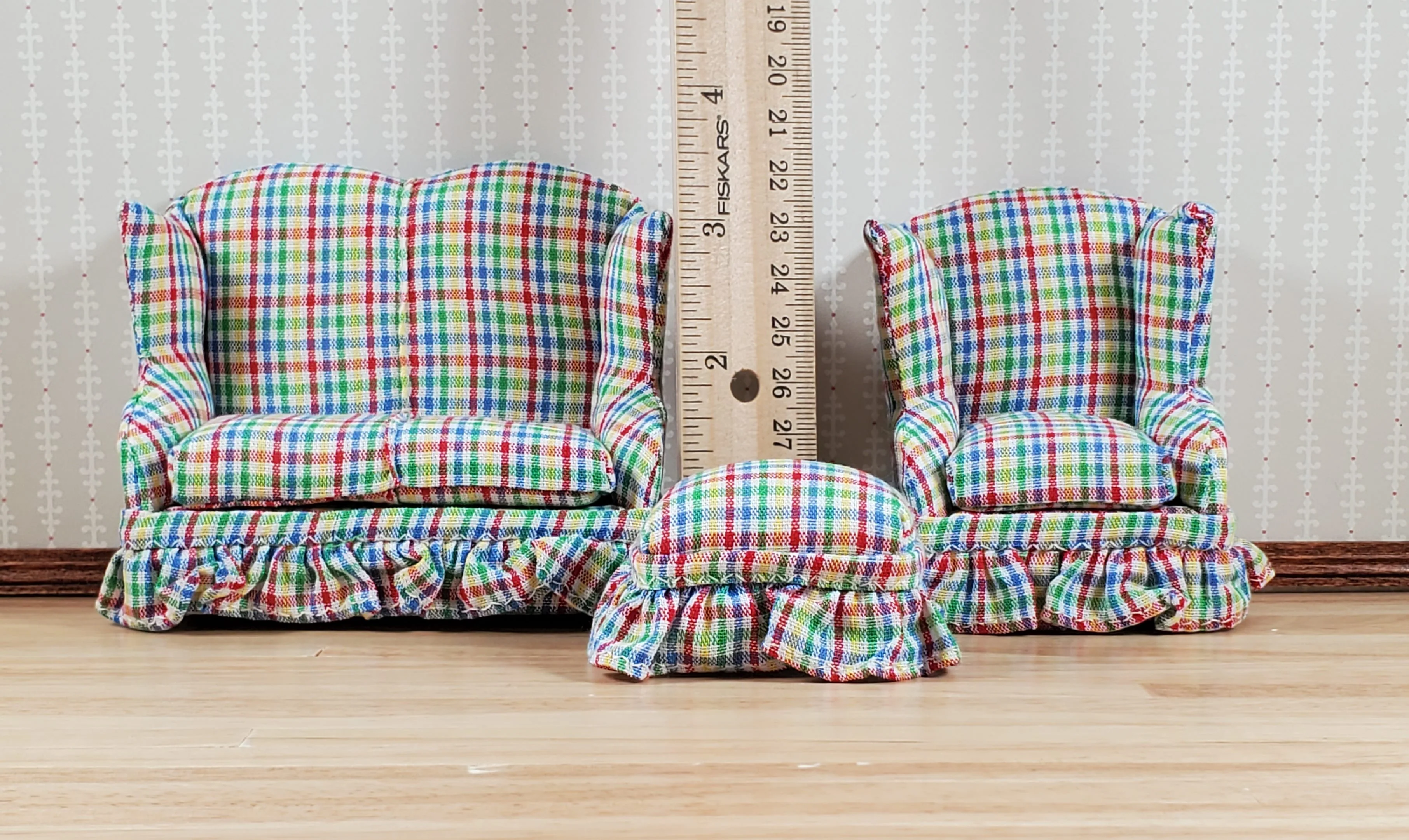 Dollhouse Small Sofa Chair Ottoman Rainbow Plaid 1:12 Scale Miniature Furniture - Image 3
