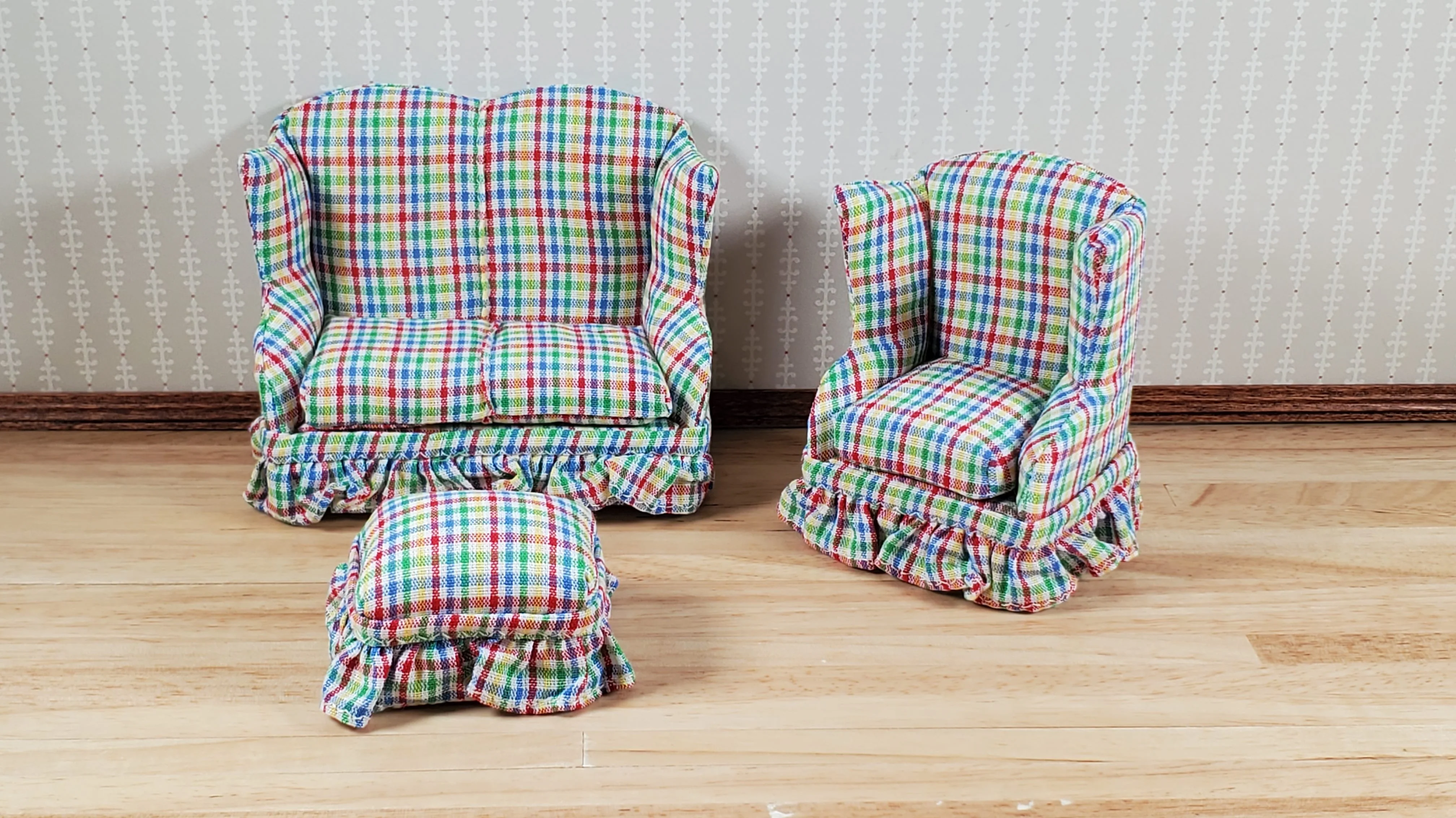 Dollhouse Small Sofa Chair Ottoman Rainbow Plaid 1:12 Scale Miniature Furniture - Image 4