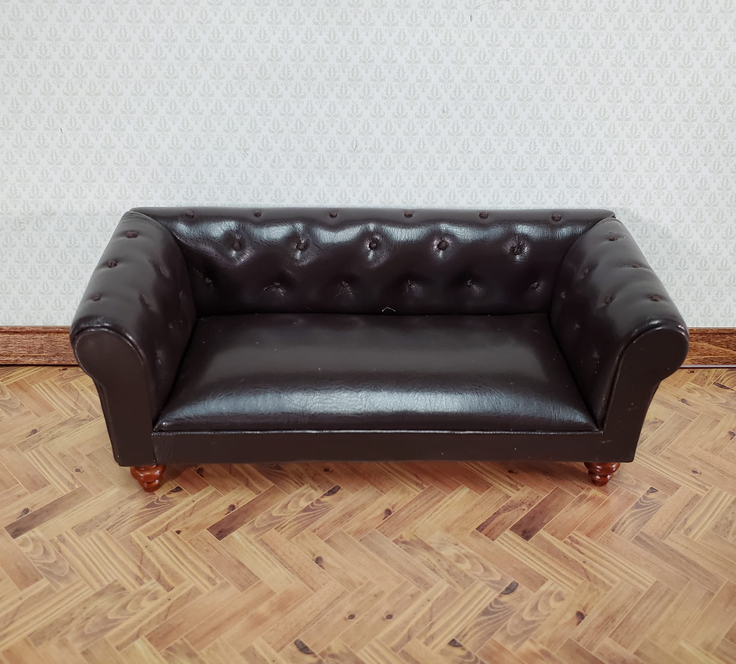 Dollhouse Sofa Couch Brown Faux Leather 1:12 Scale Miniature Furniture - Image 2