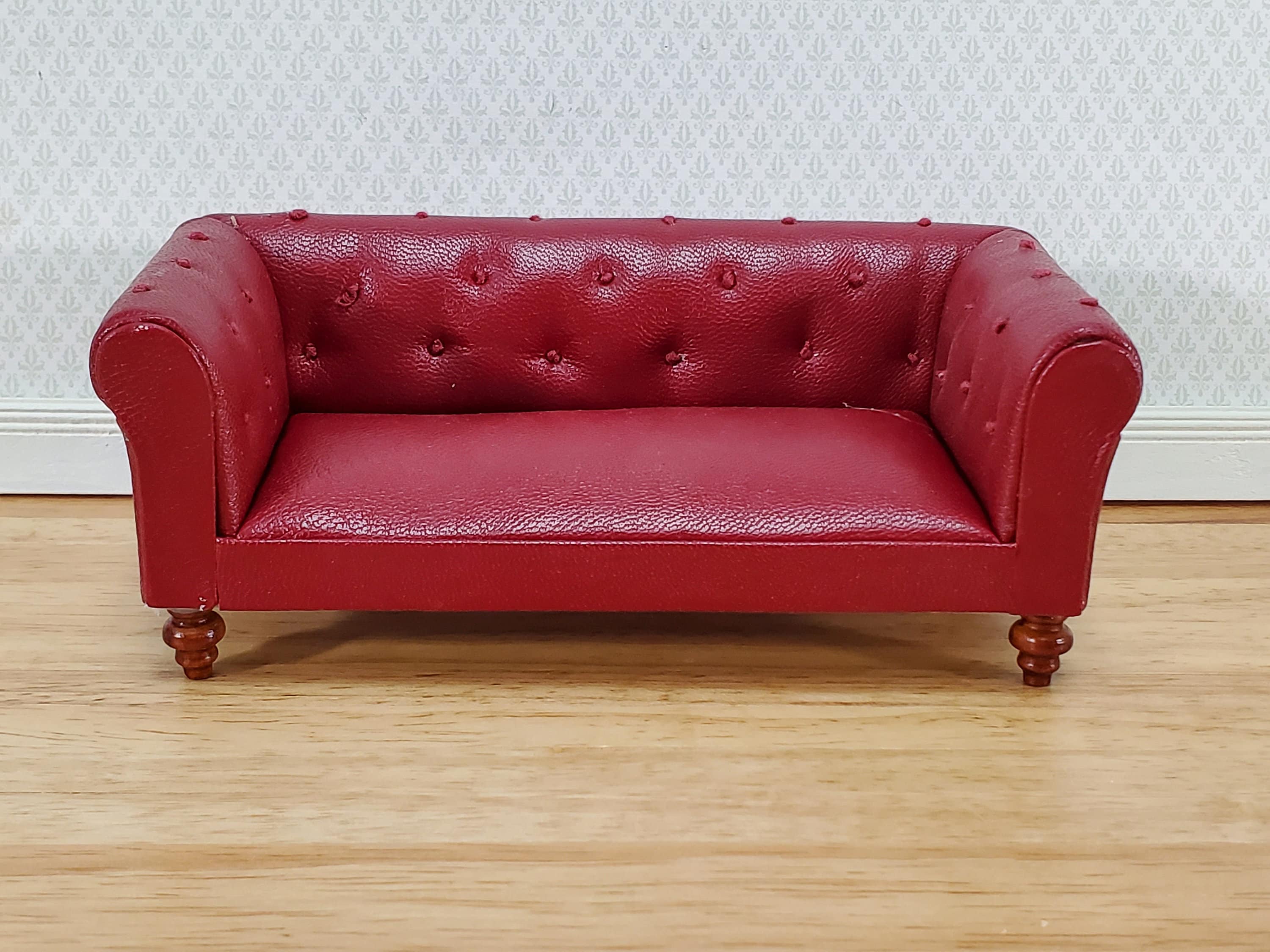 Dollhouse Sofa Couch Chesterfield Burgundy Faux Leather 1:12 Scale Miniature Furniture - Image 2