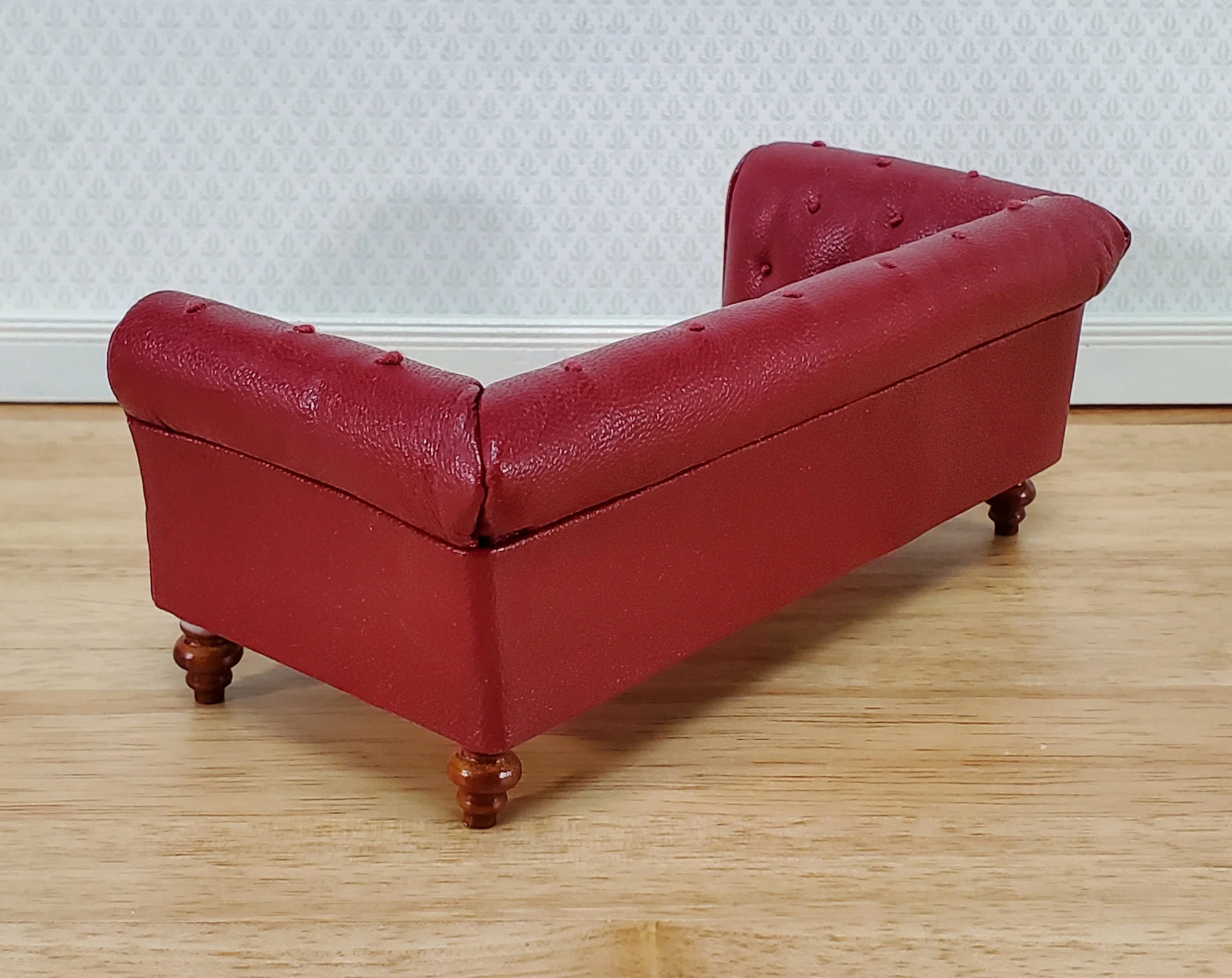 Dollhouse Sofa Couch Chesterfield Burgundy Faux Leather 1:12 Scale Miniature Furniture - Image 3