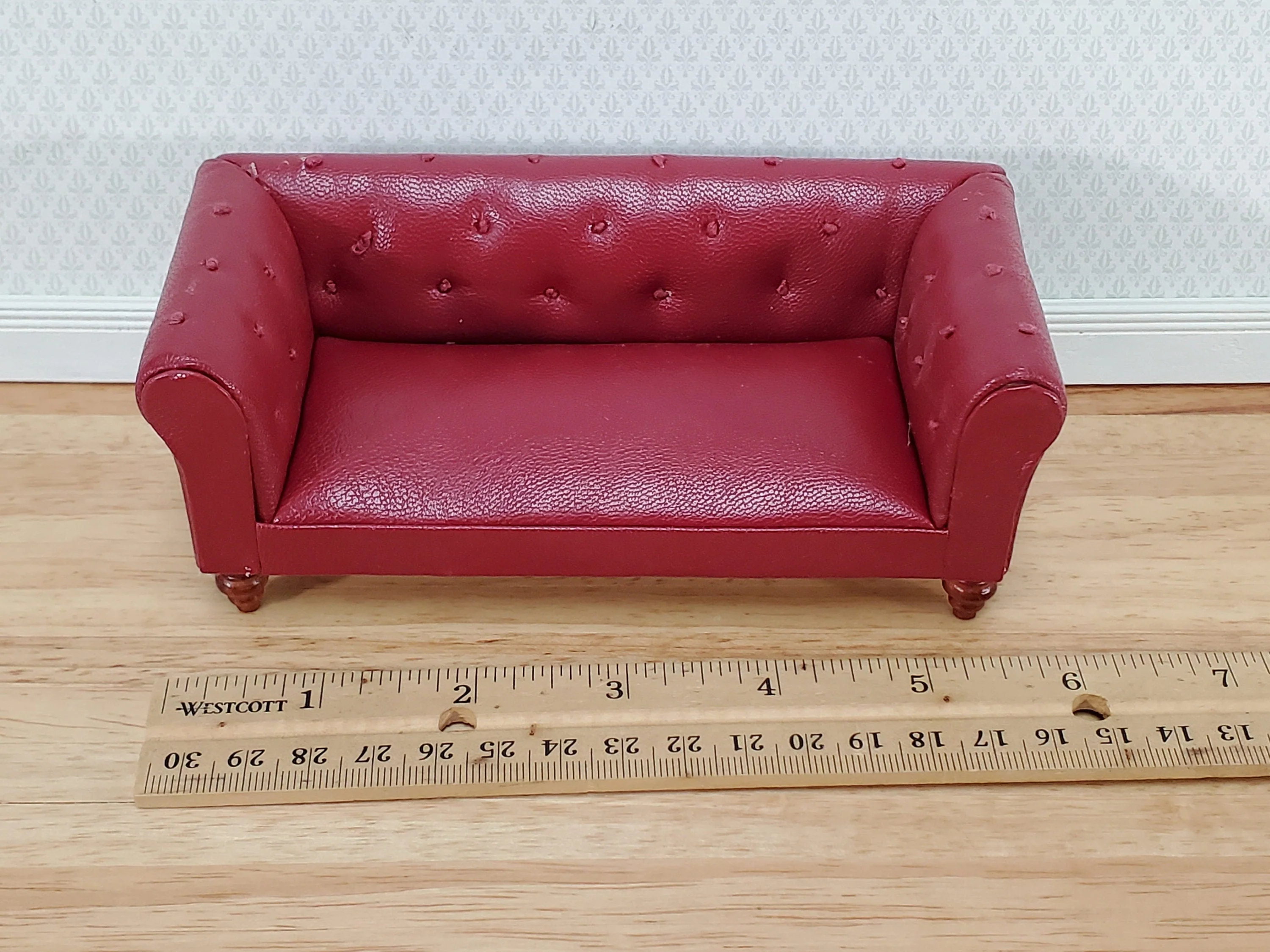 Dollhouse Sofa Couch Chesterfield Burgundy Faux Leather 1:12 Scale Miniature Furniture - Image 4