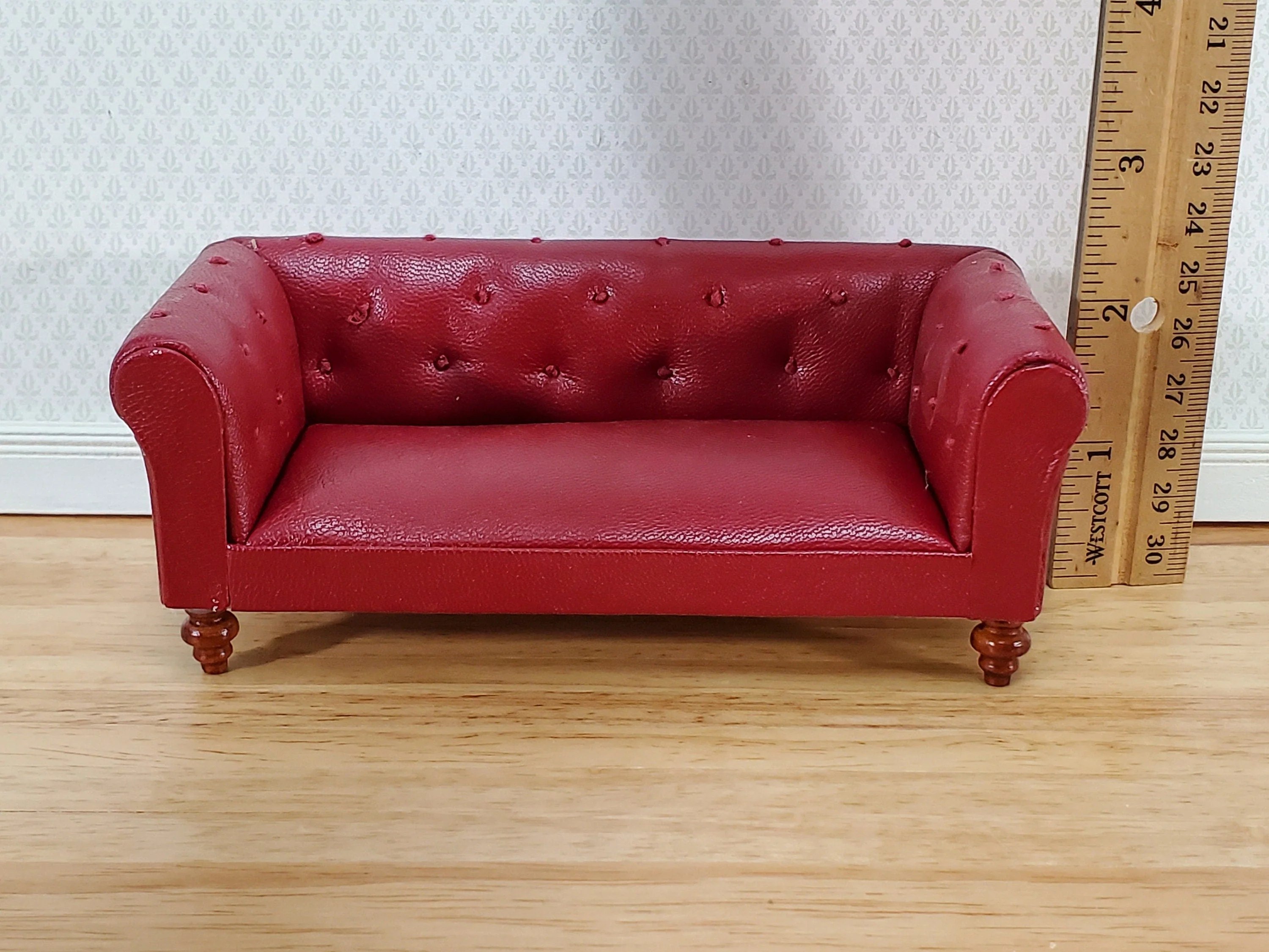 Dollhouse Sofa Couch Chesterfield Burgundy Faux Leather 1:12 Scale Miniature Furniture - Image 5