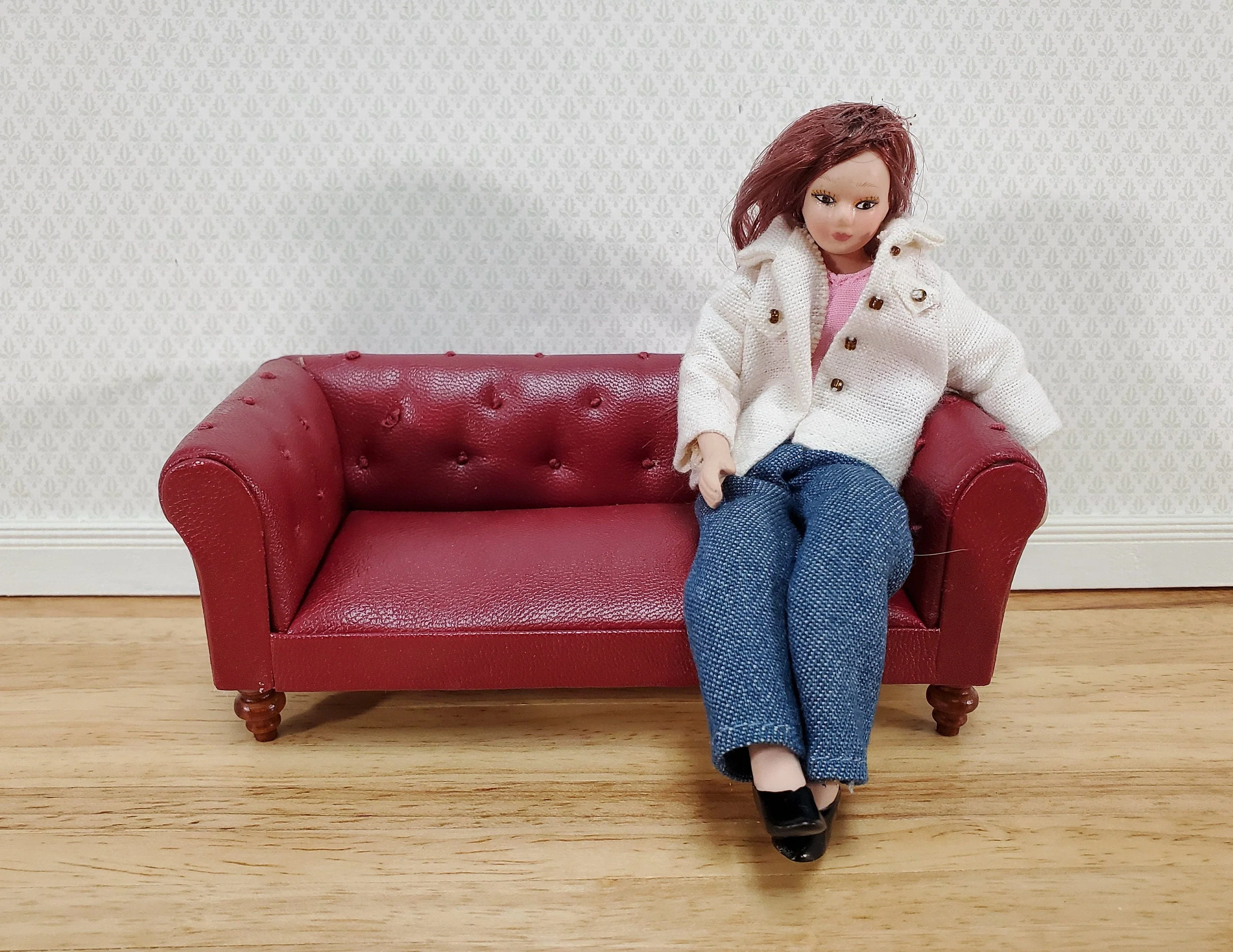 Dollhouse Sofa Couch Chesterfield Burgundy Faux Leather 1:12 Scale Miniature Furniture - Image 6
