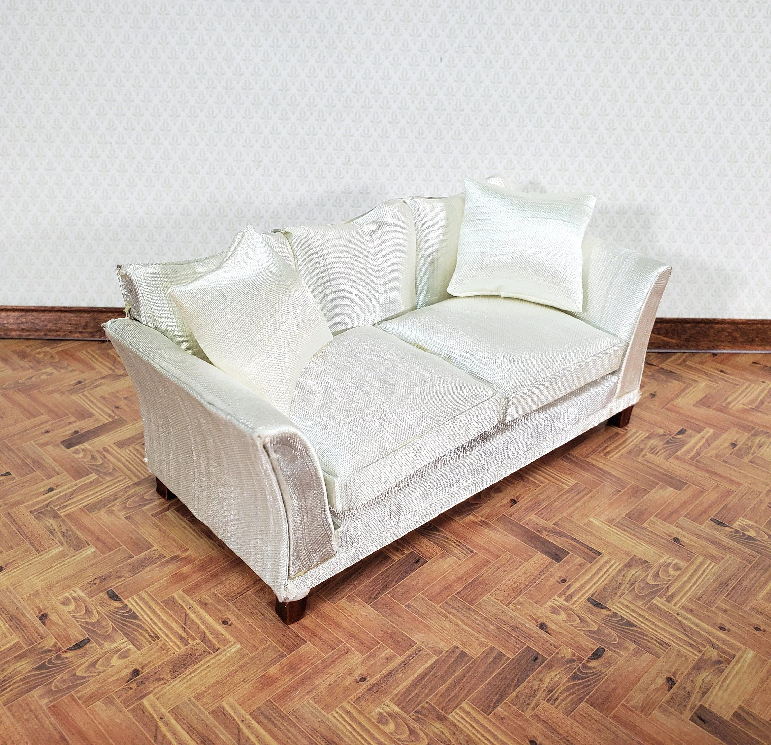 Dollhouse Sofa Couch Cream Faux Silk with Cushions 1:12 Scale Miniature Furniture - Image 3