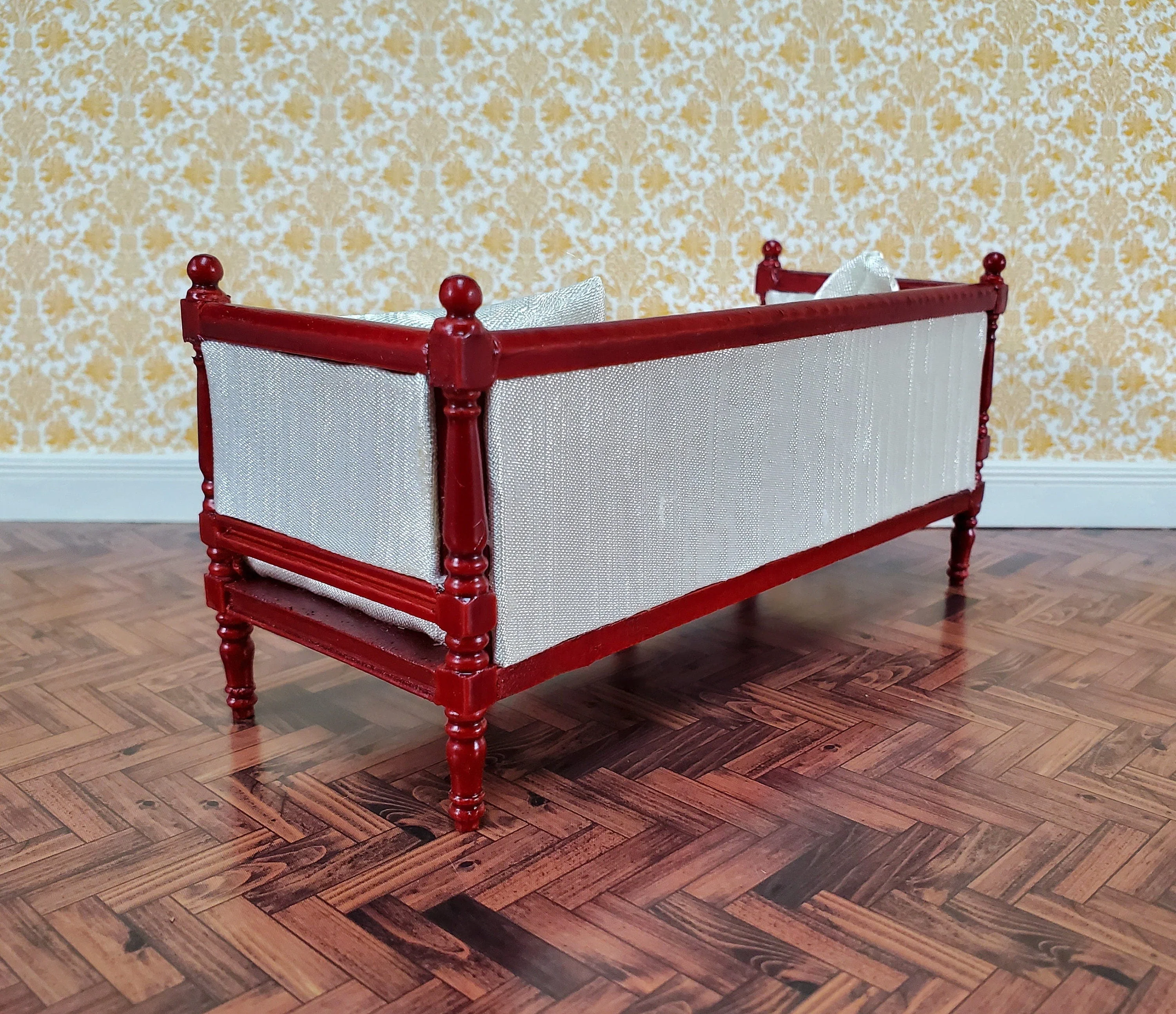 Dollhouse Sofa Couch Louis XVI Style Cream Silky Fabric 1:12 Scale Miniature Mahogany Finish - Image 3