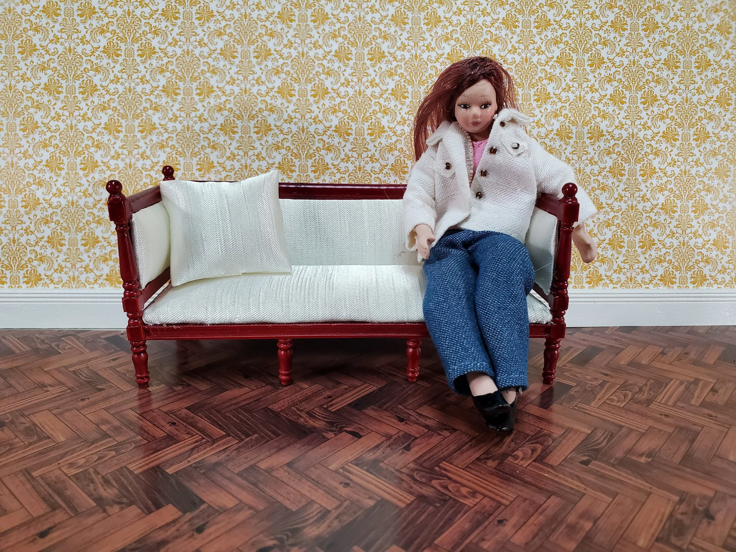 Dollhouse Sofa Couch Louis XVI Style Cream Silky Fabric 1:12 Scale Miniature Mahogany Finish - Image 4