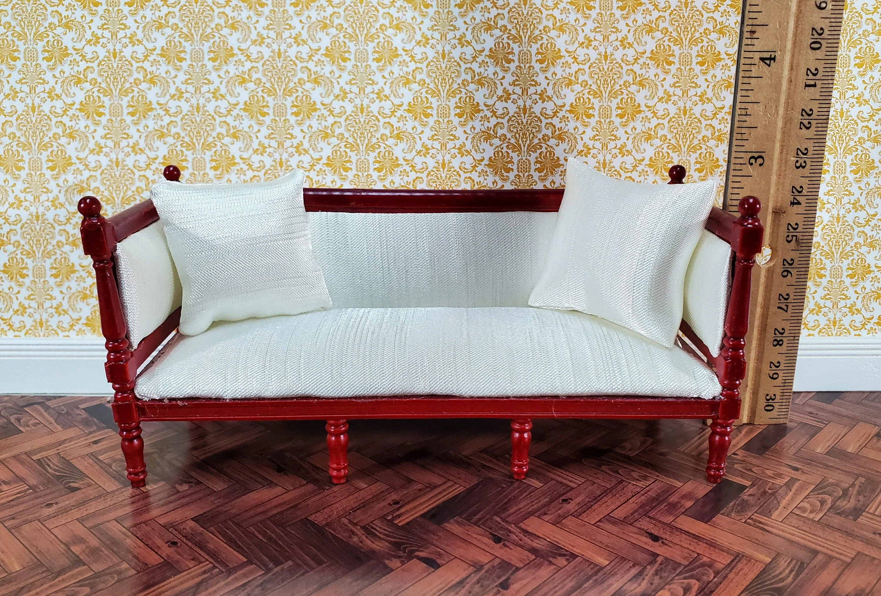 Dollhouse Sofa Couch Louis XVI Style Cream Silky Fabric 1:12 Scale Miniature Mahogany Finish - Image 6