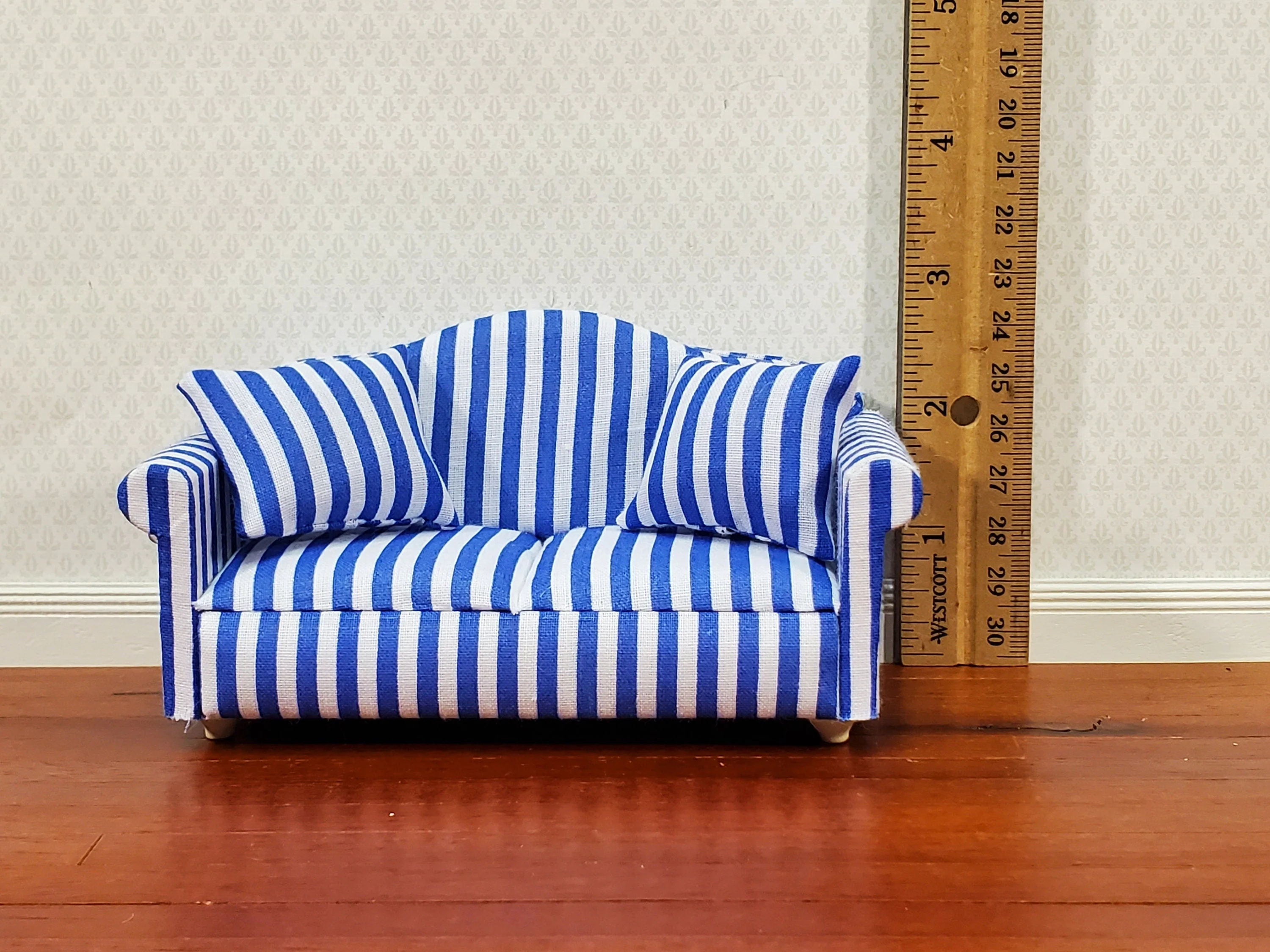 Dollhouse Sofa Couch Modern Blue & White Striped 1:12 Scale Miniature Furniture - Image 3