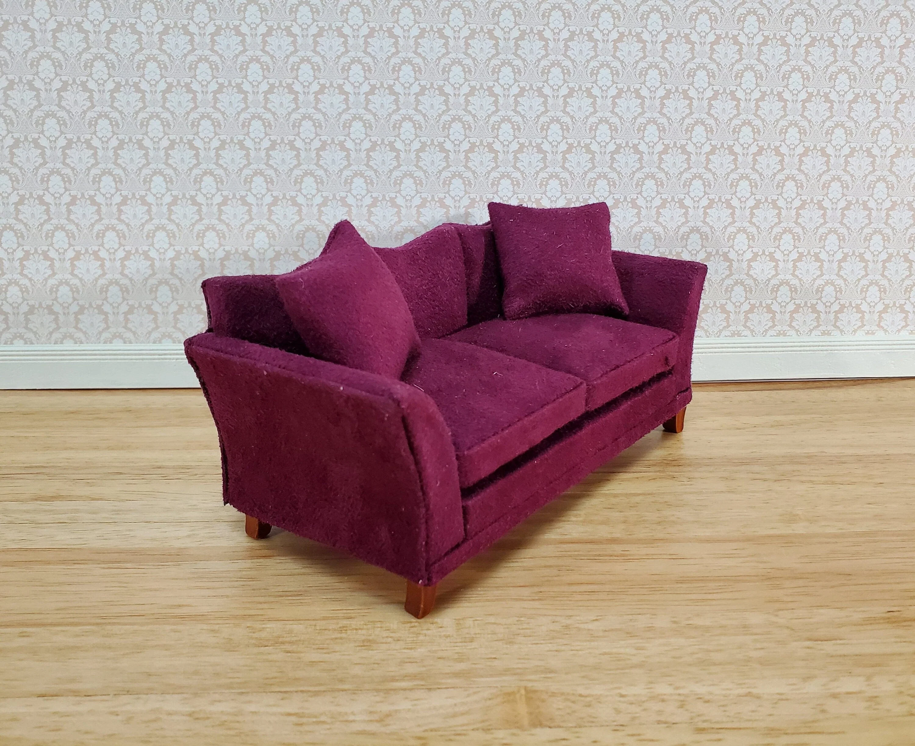 Dollhouse Sofa Couch Plum Burgundy Modern Style 1:12 Scale Miniature Furniture - Image 2