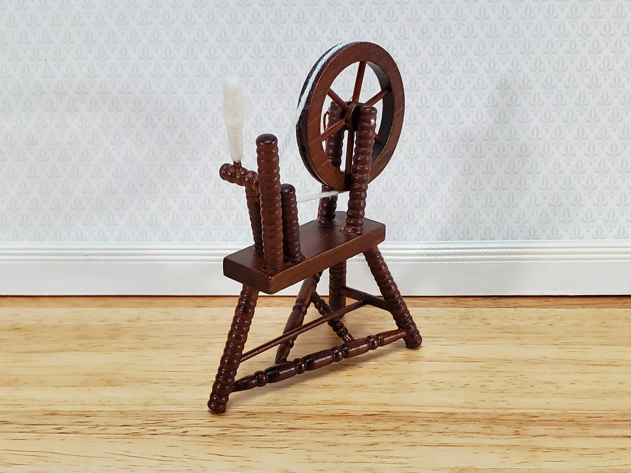 Dollhouse Spinning Wheel Wood Walnut Finish 1:12 Scale Miniature Furniture - Image 2