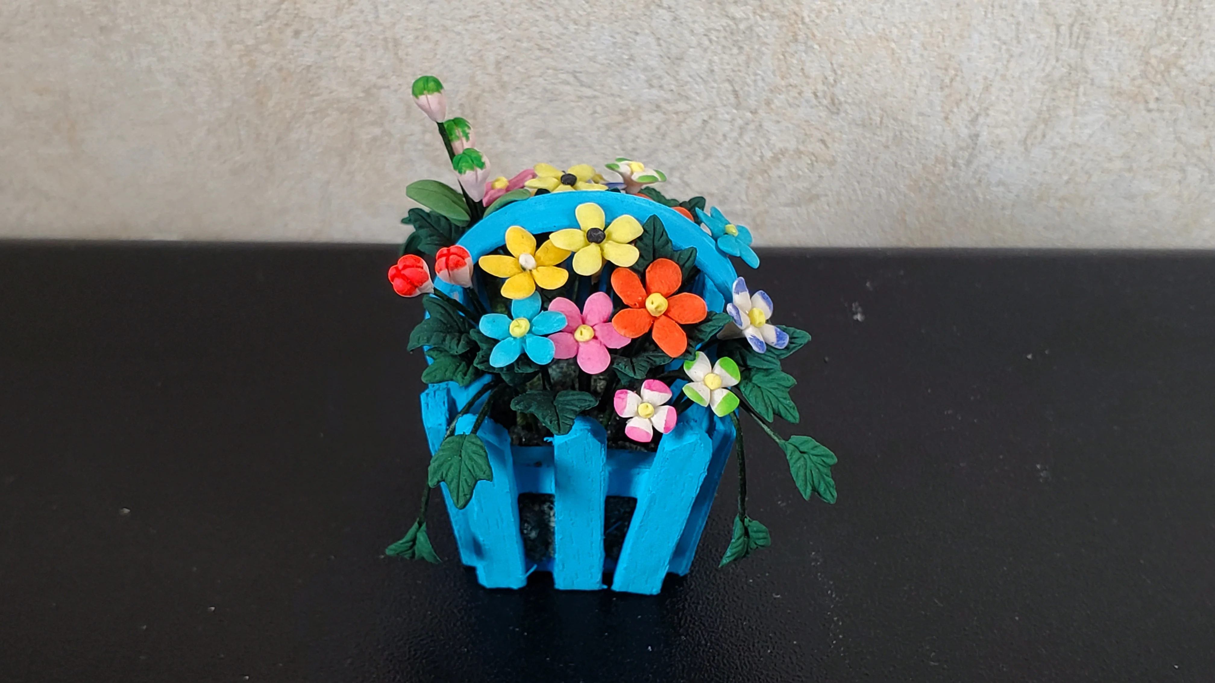 Dollhouse Spring Florals in Blue Picket Planter 1:12 Scale Miniature