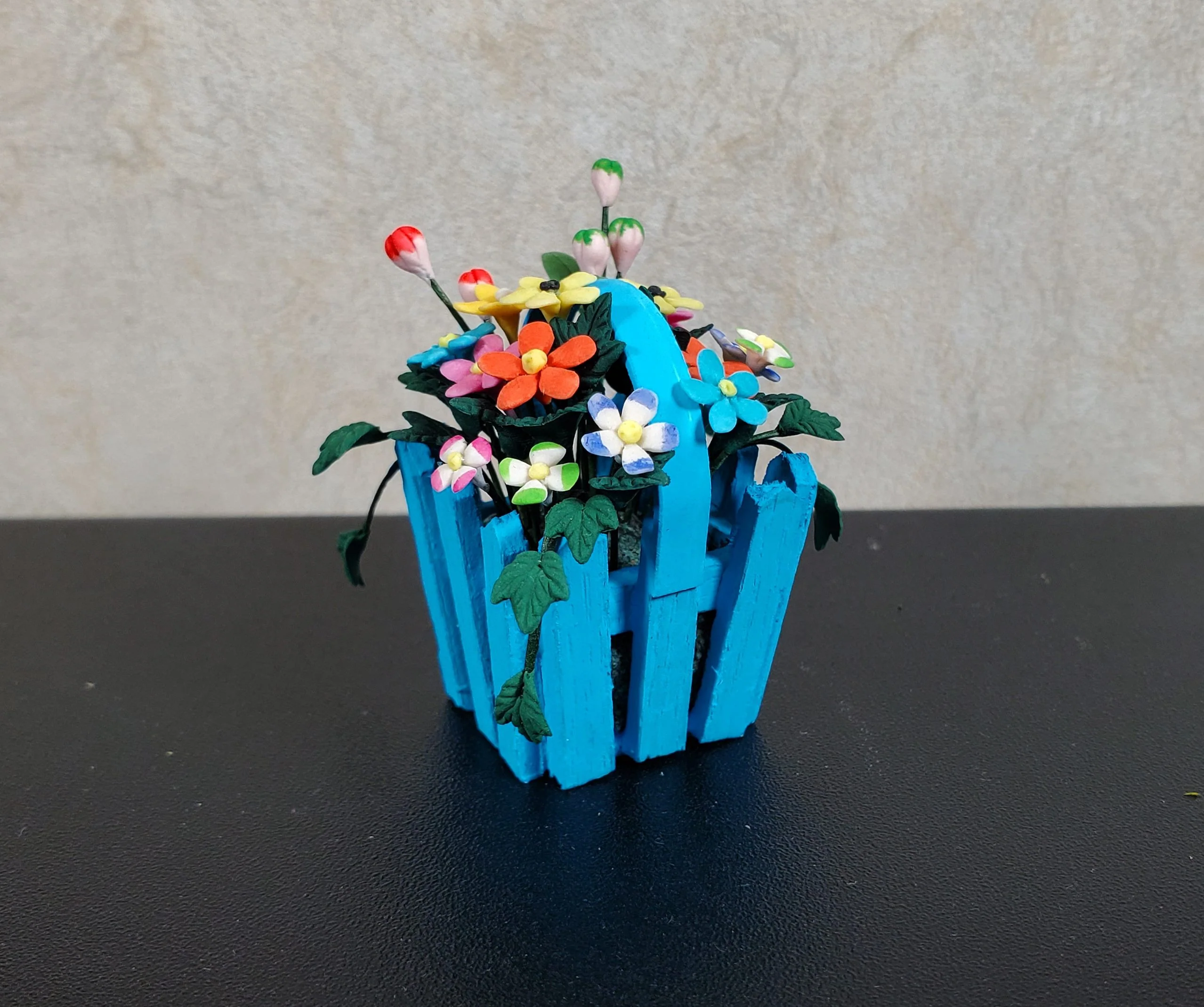 Dollhouse Spring Florals in Blue Picket Planter 1:12 Scale Miniature - Image 2