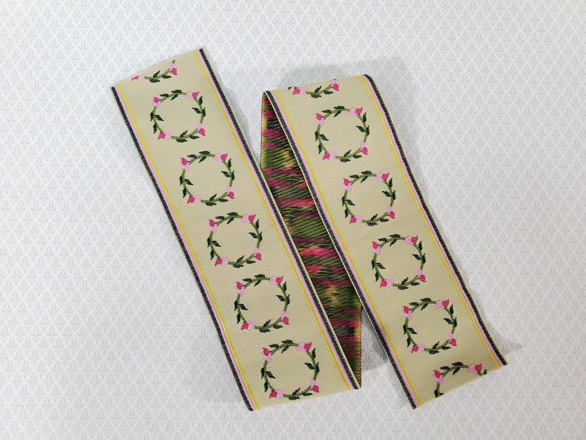 Dollhouse Stair Runner Carpet Pink Rose Creamy Yellow 19" Long Woven Fabric 1:12 Scale Miniature