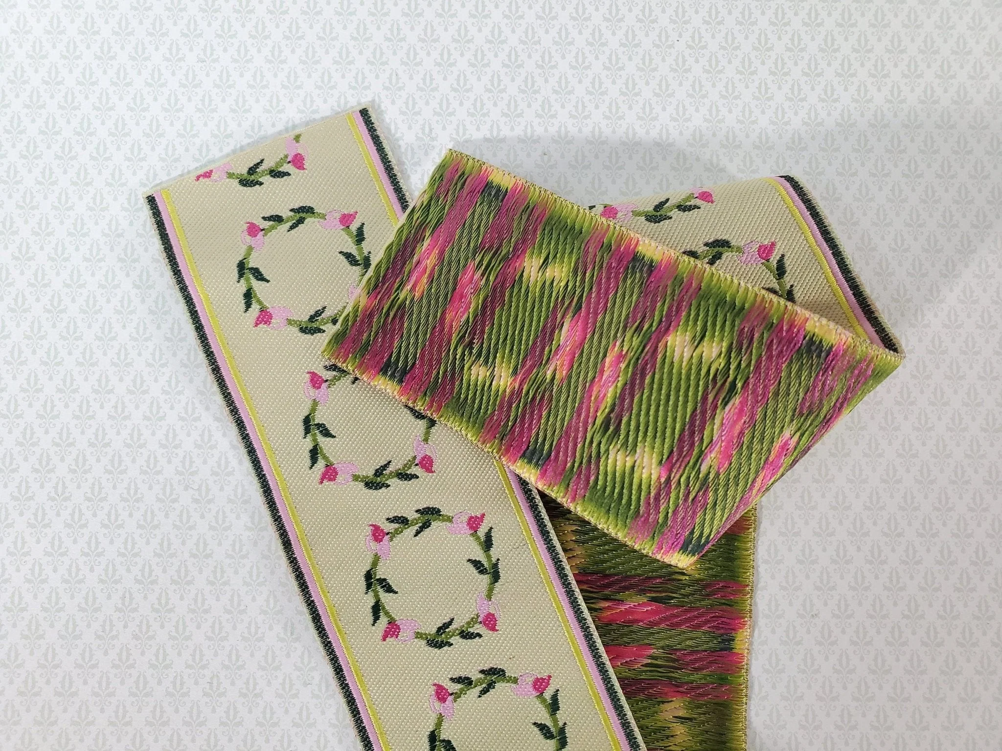Dollhouse Stair Runner Carpet Pink Rose Creamy Yellow 19" Long Woven Fabric 1:12 Scale Miniature - Image 2