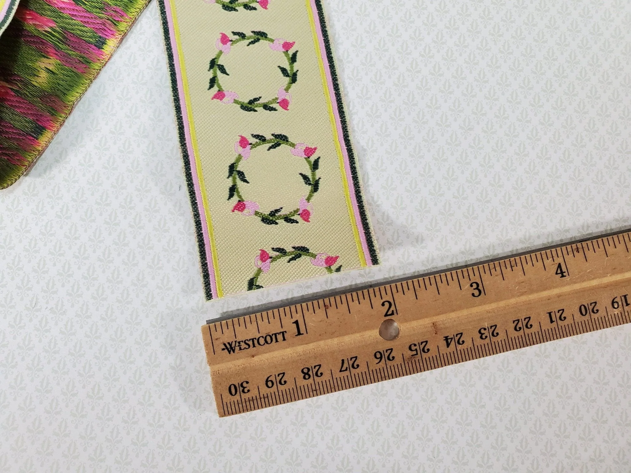 Dollhouse Stair Runner Carpet Pink Rose Creamy Yellow 19" Long Woven Fabric 1:12 Scale Miniature - Image 3