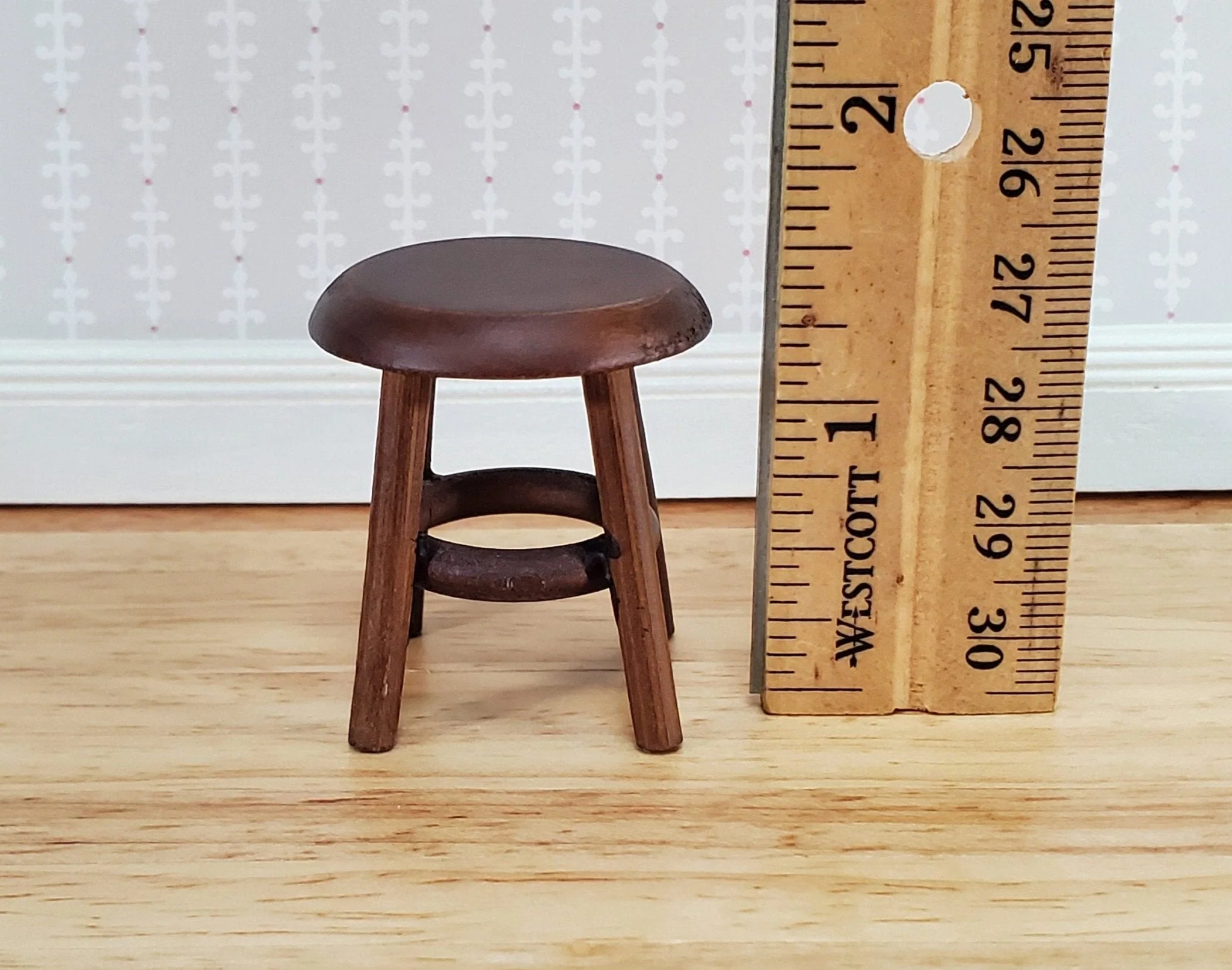 Dollhouse Step Stool Short Walnut Finish Wood 1:12 Scale Miniature Furniture 1 1/2" - Image 3