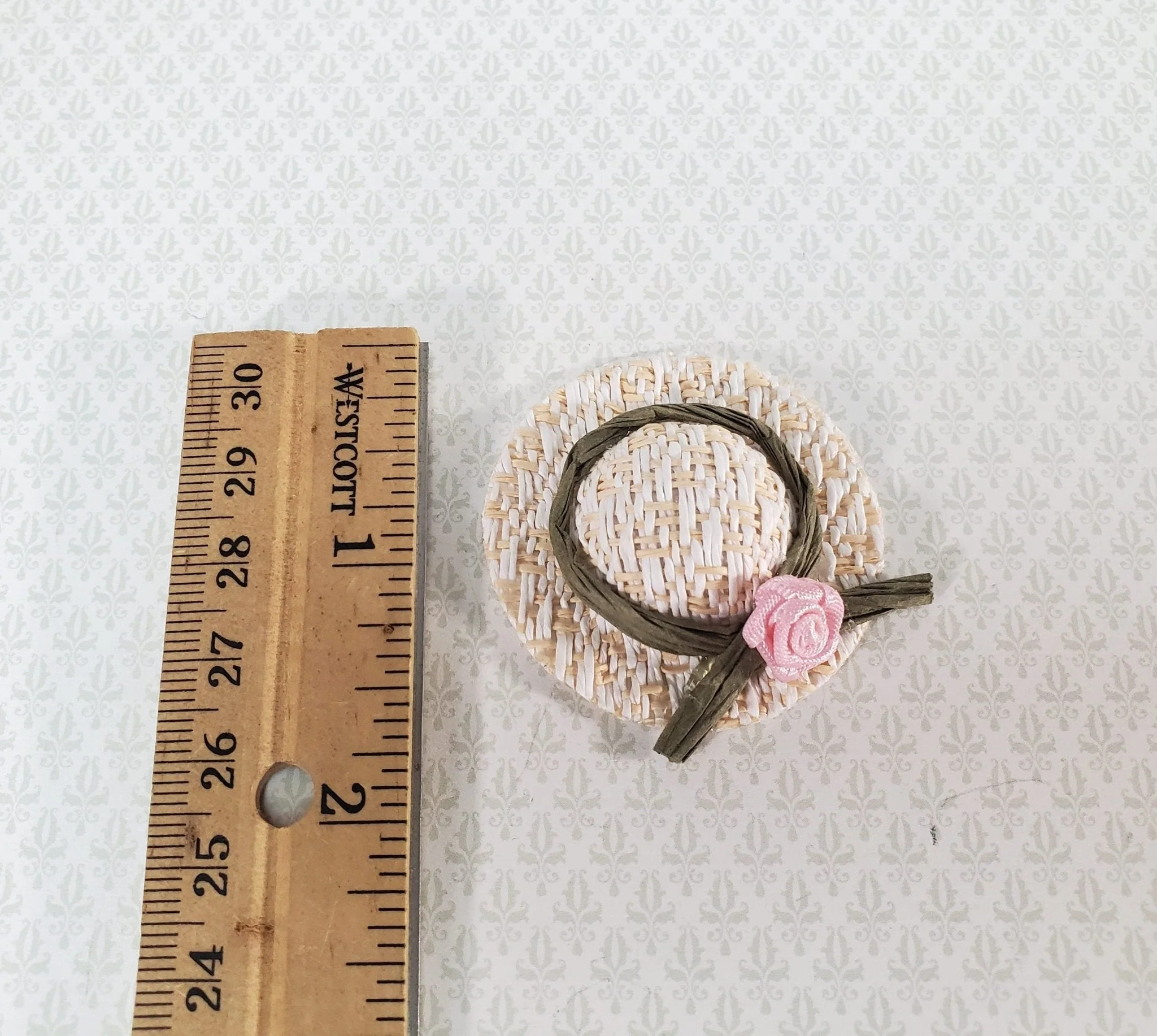 Dollhouse Straw Sun Hat with Pink Flower Wearable 1:12 Scale Miniature - Image 2