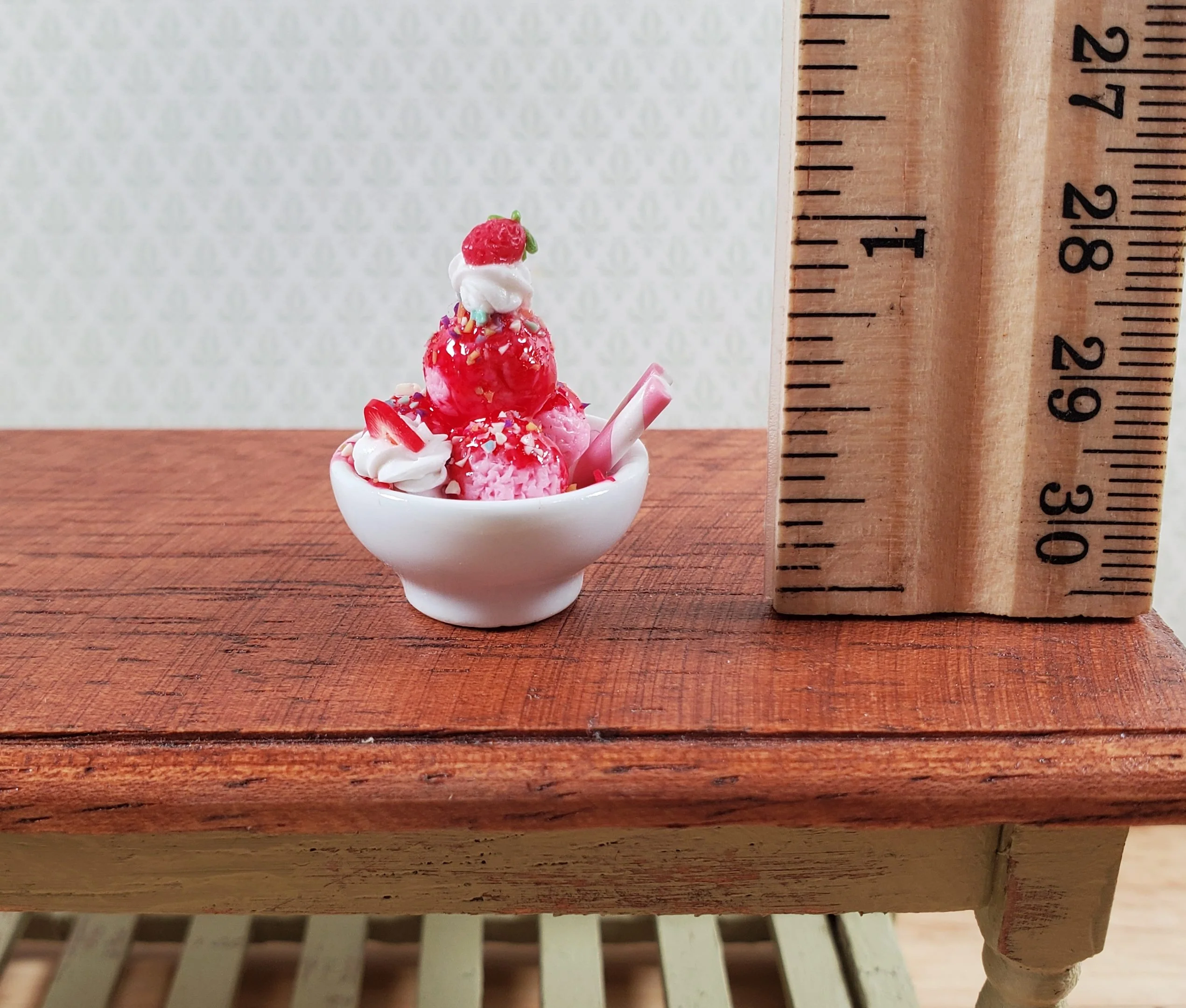 Dollhouse Strawberry Ice Cream Sundae in Ceramic Bowl LARGE 1:12 Scale Miniature - Image 3