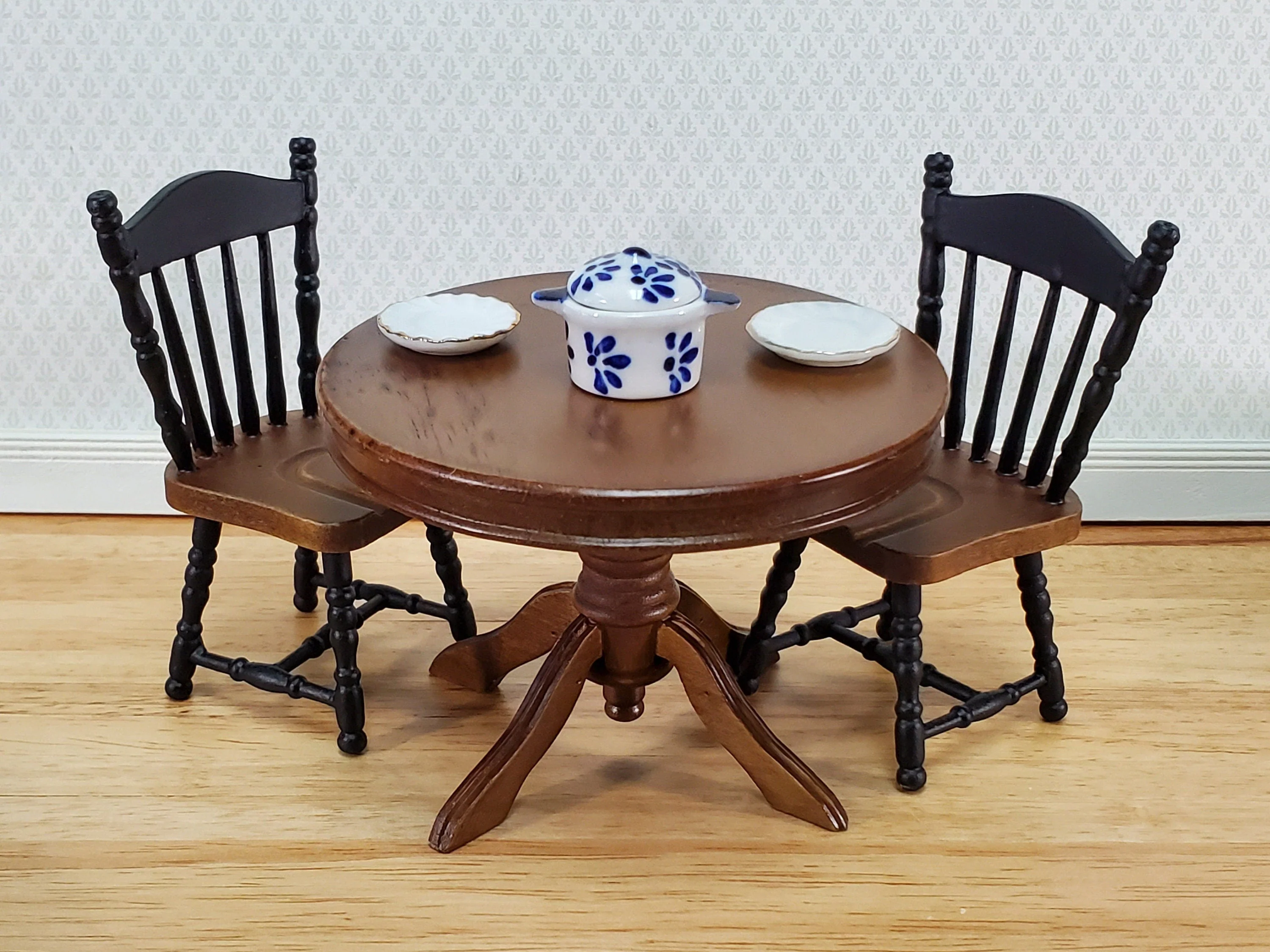 Dollhouse Table Round Pedestal Wood Walnut Finish 1:12 Scale Miniature Kitchen Dining Room - Image 5