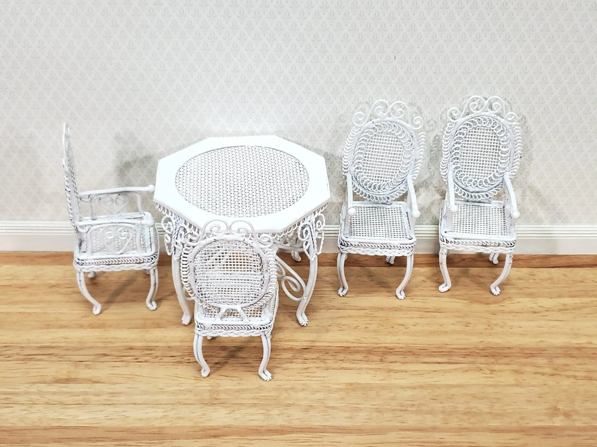 Dollhouse Table with 4 Chairs White Wire Metal 1:12 Scale Miniature or Fairy Garden - Image 3