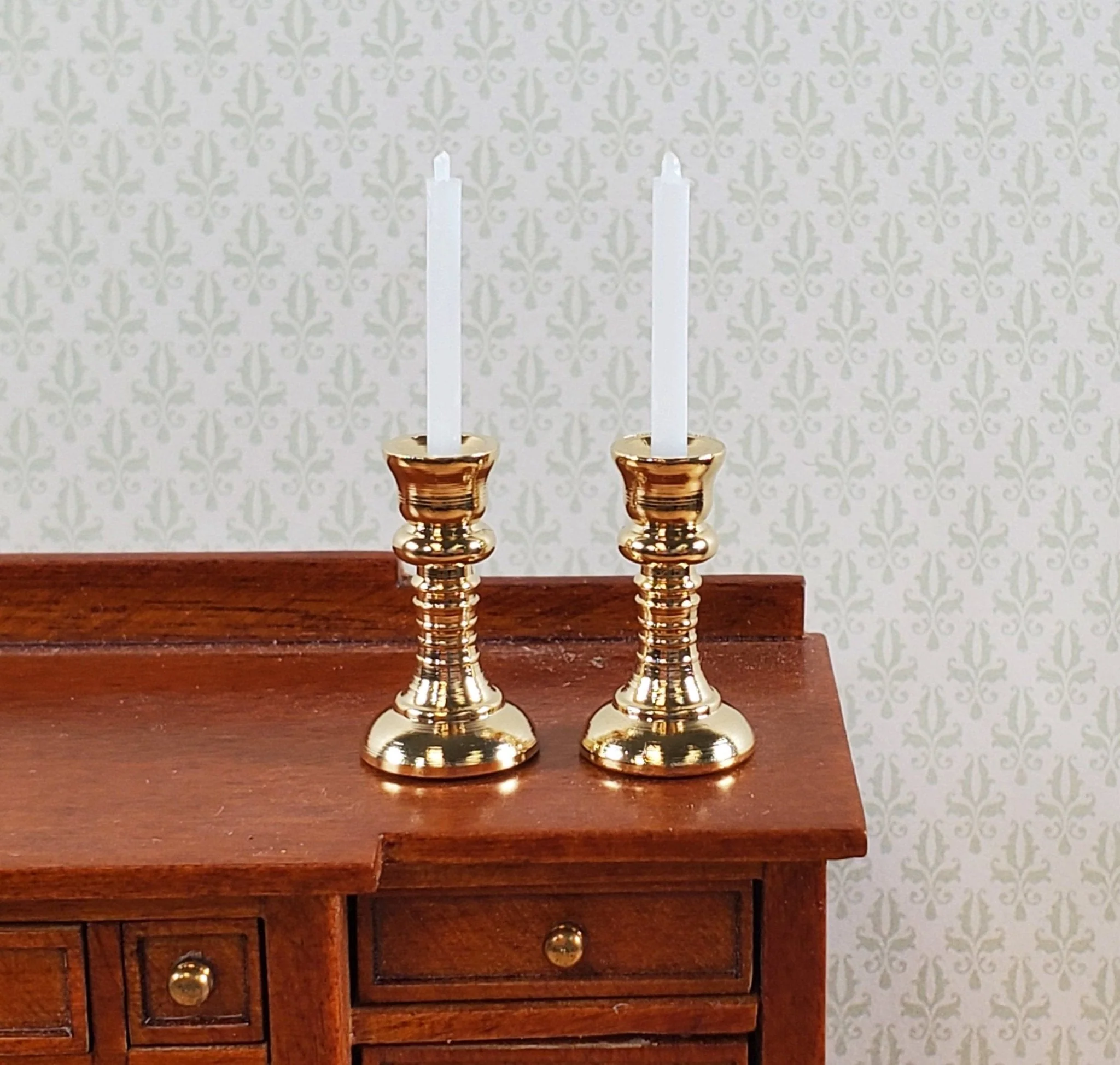 Dollhouse Tall Candlestick Holders with Candles Gold Set of 2 1:12 Scale Metal