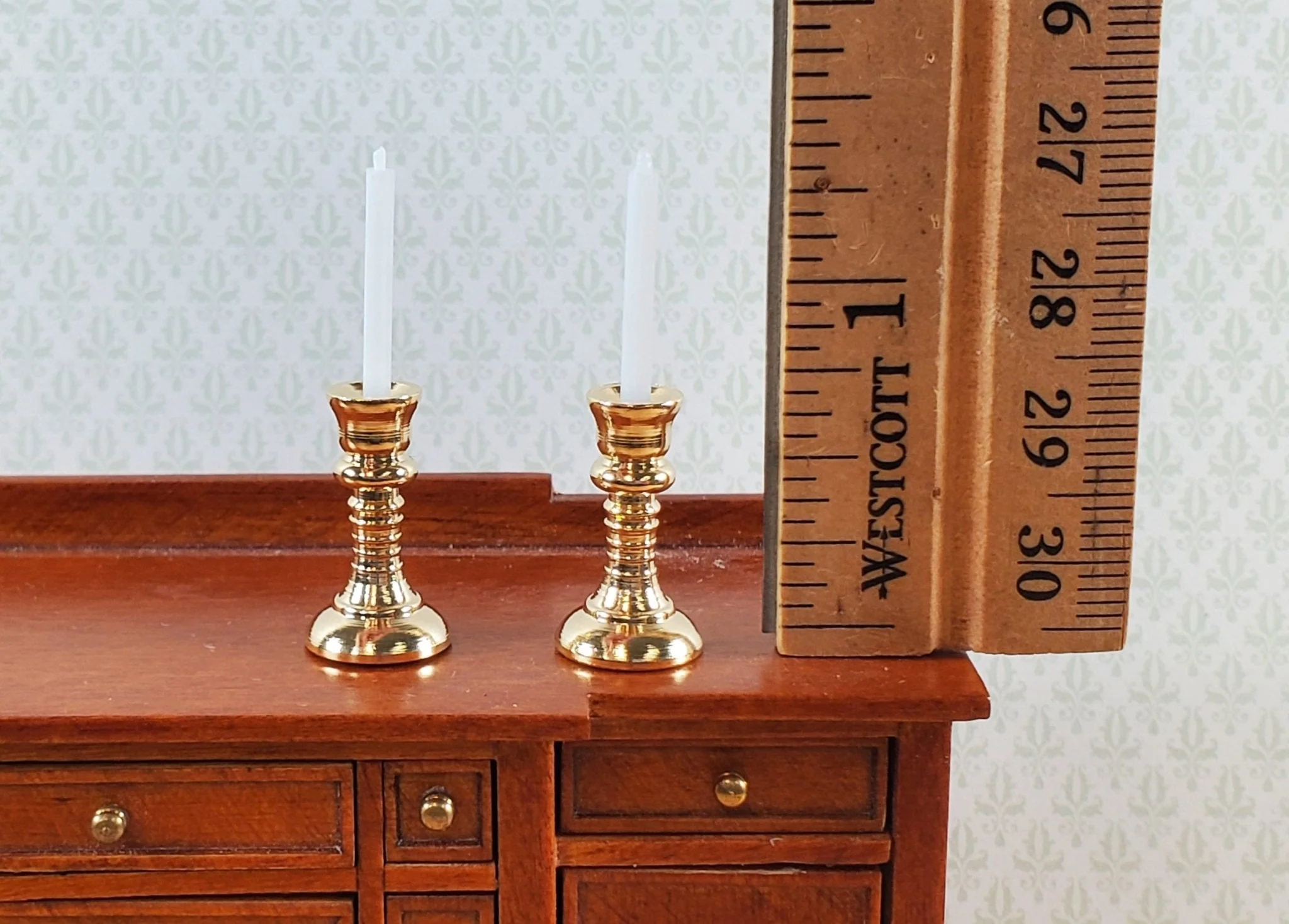 Dollhouse Tall Candlestick Holders with Candles Gold Set of 2 1:12 Scale Metal - Image 2