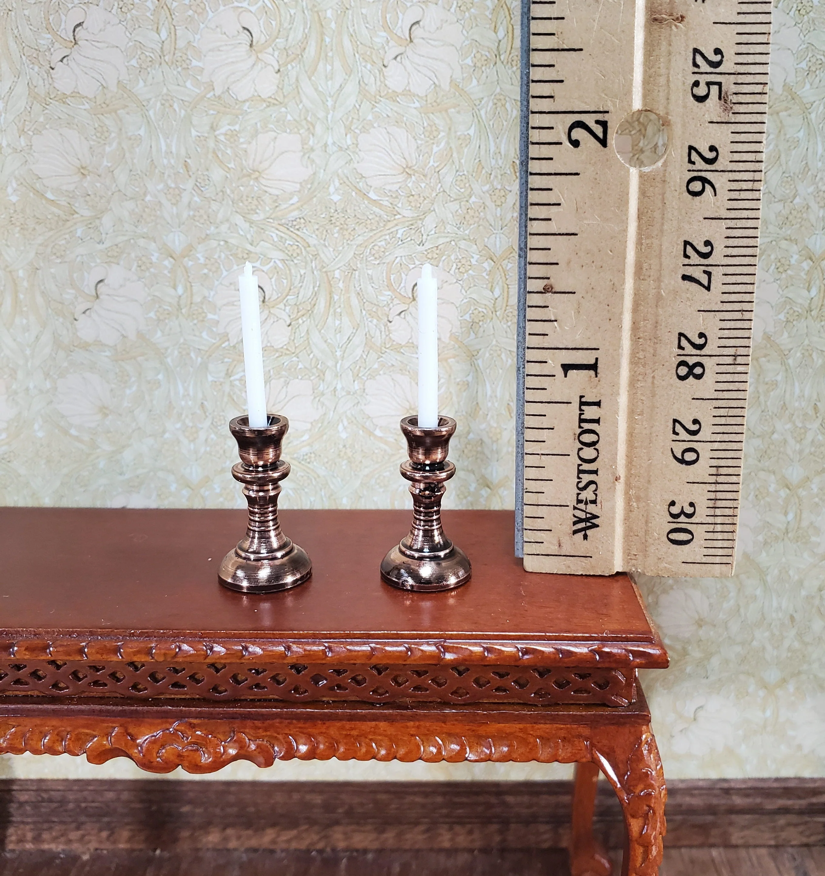 Dollhouse Tall Candlestick Holders with Candles Set of 2 1:12 Scale Metal Aged Copper Finish - Image 2