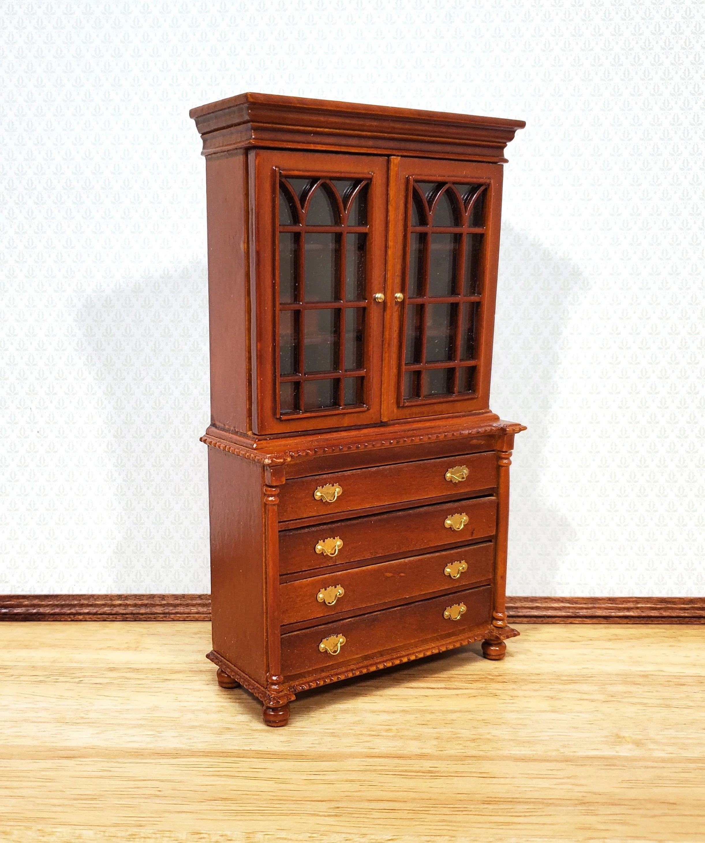 Dollhouse Tall Display Cabinet Hutch with Drawers Walnut Finish 1:12 Scale Furniture - Image 2