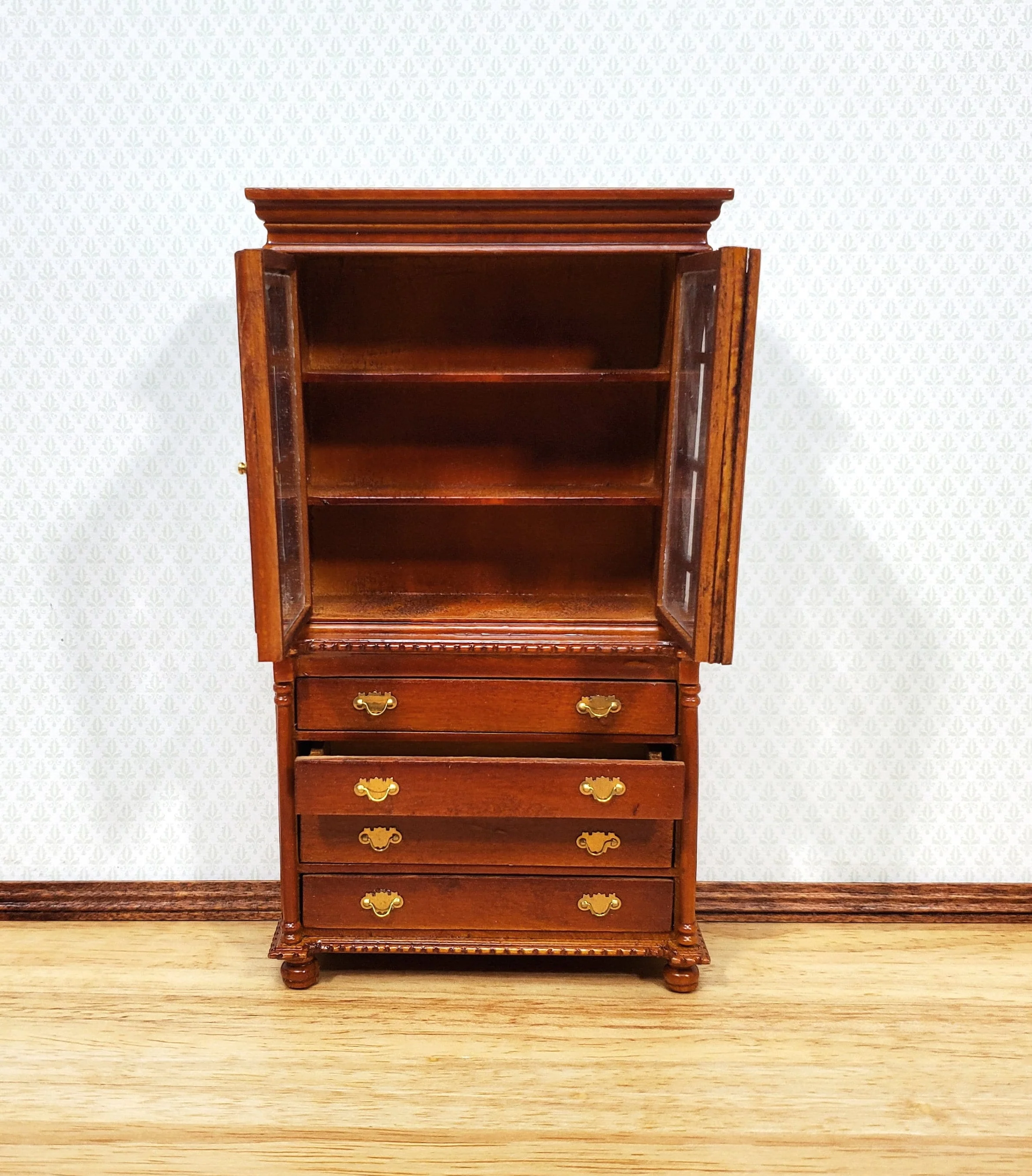 Dollhouse Tall Display Cabinet Hutch with Drawers Walnut Finish 1:12 Scale Furniture - Image 3