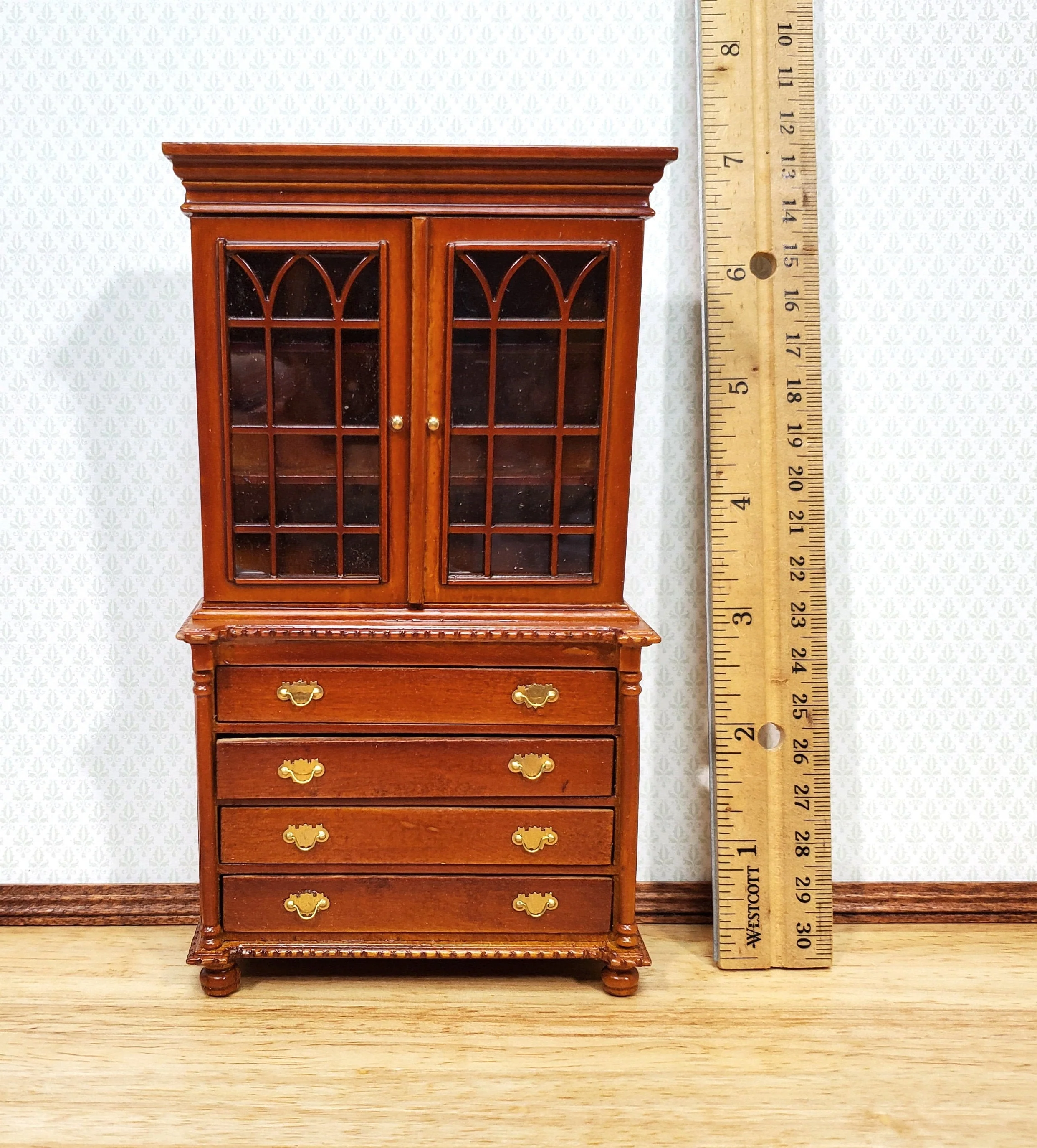 Dollhouse Tall Display Cabinet Hutch with Drawers Walnut Finish 1:12 Scale Furniture - Image 4
