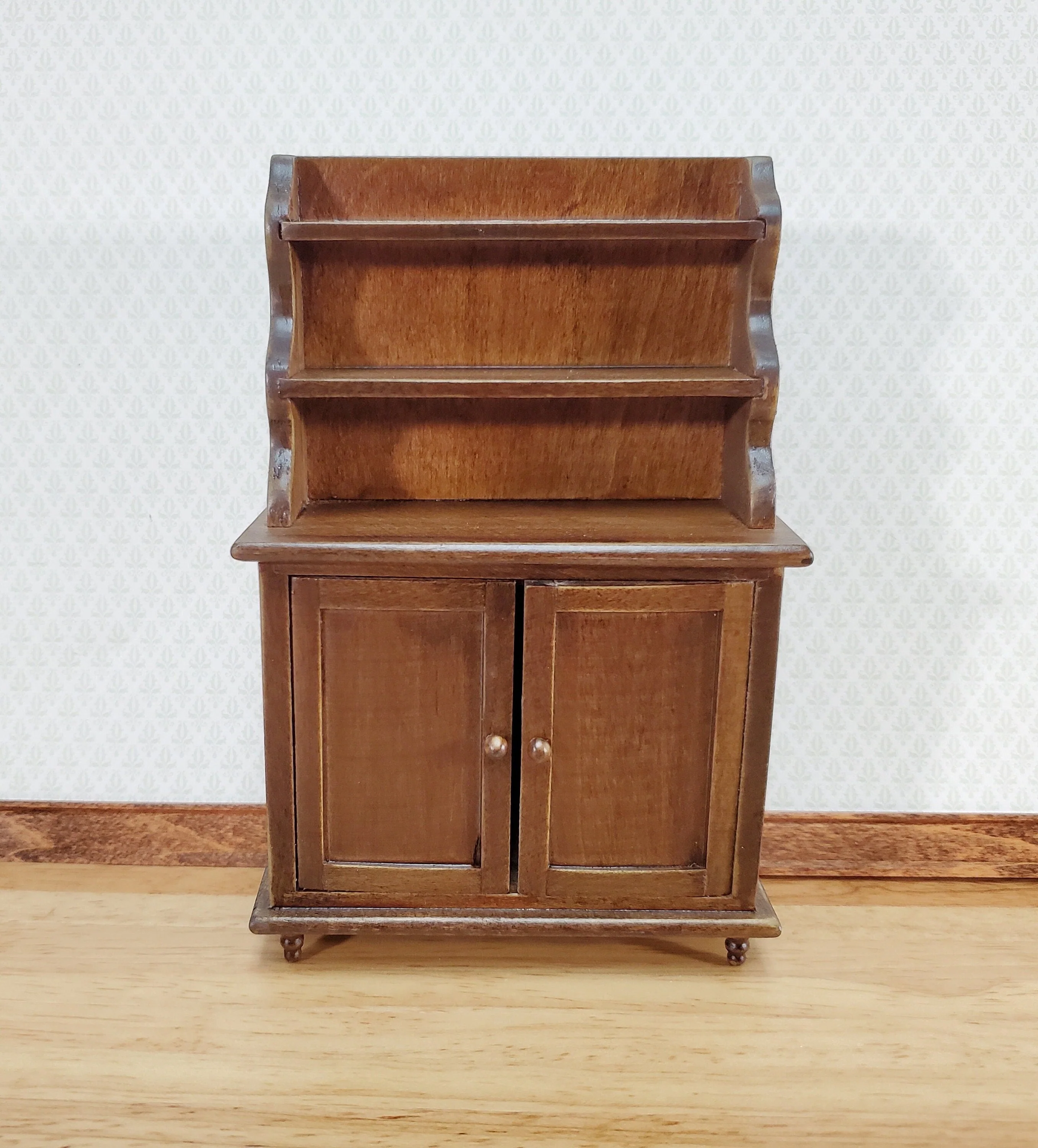 Dollhouse Tall Hutch Cabinet with Shelves Dark Walnut Finish 1:12 Scale Furniture