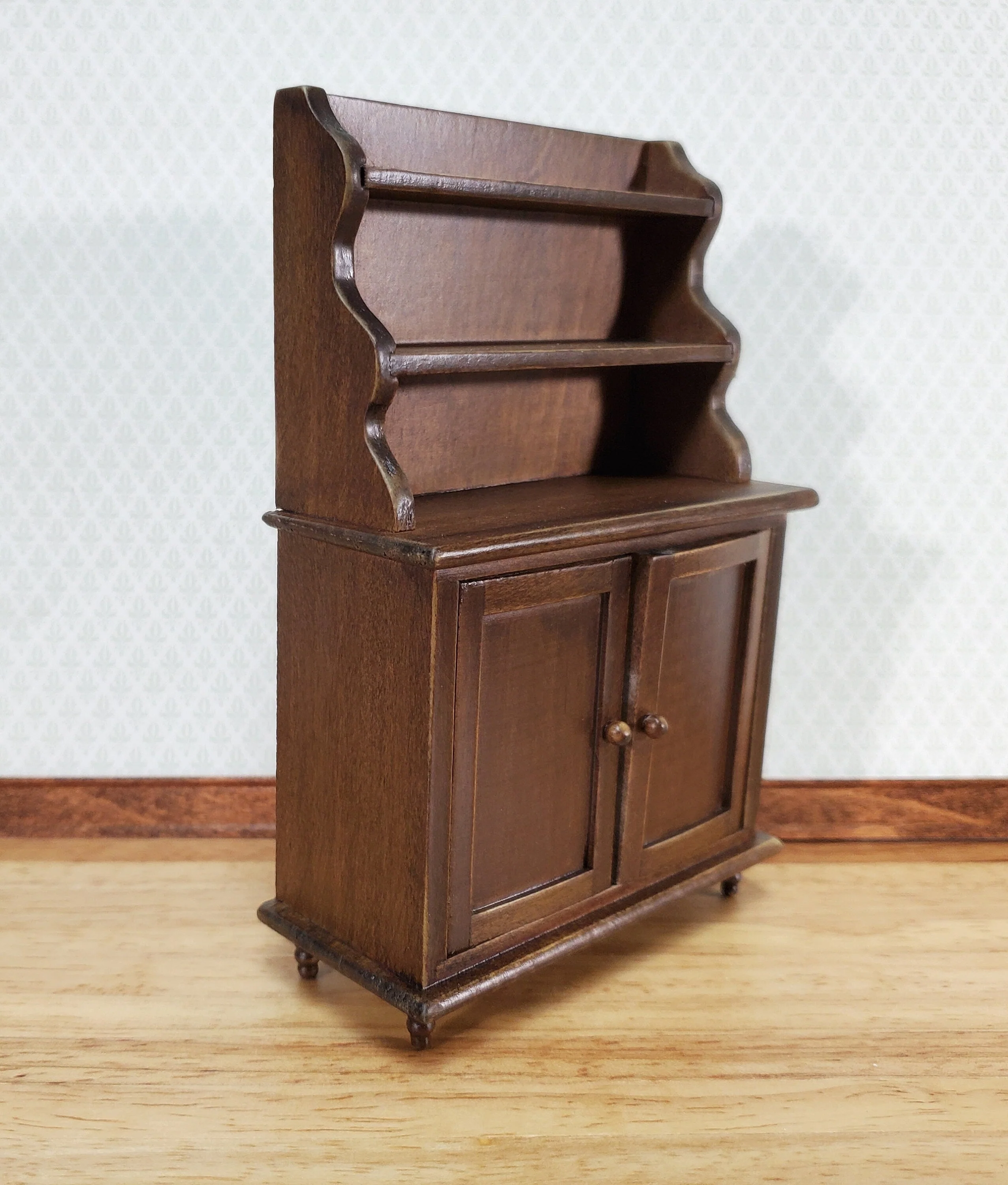 Dollhouse Tall Hutch Cabinet with Shelves Dark Walnut Finish 1:12 Scale Furniture - Image 2