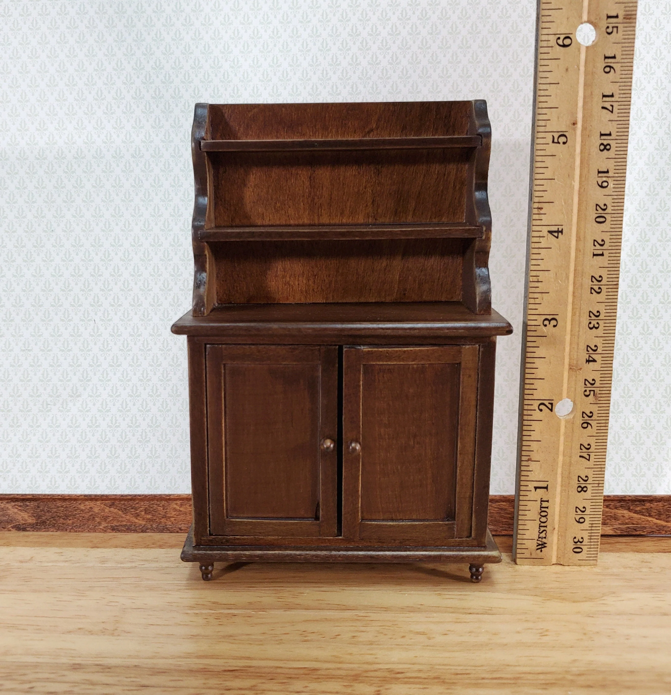 Dollhouse Tall Hutch Cabinet with Shelves Dark Walnut Finish 1:12 Scale Furniture - Image 4